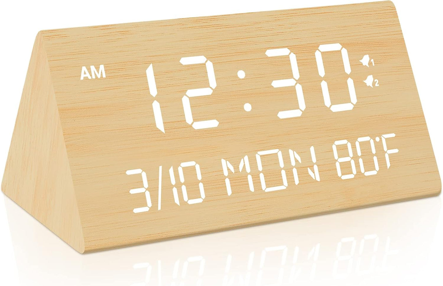 Kogonee Wooden Digital Alarm Clock, 0-100% Dimmer, 2 Alarm Settings, Weekday/Everyday Mode, 9 Mins Snooze, 12/24H, Temperature and Date Display for Office, Travel, Bedroom Alarm Clock (White)