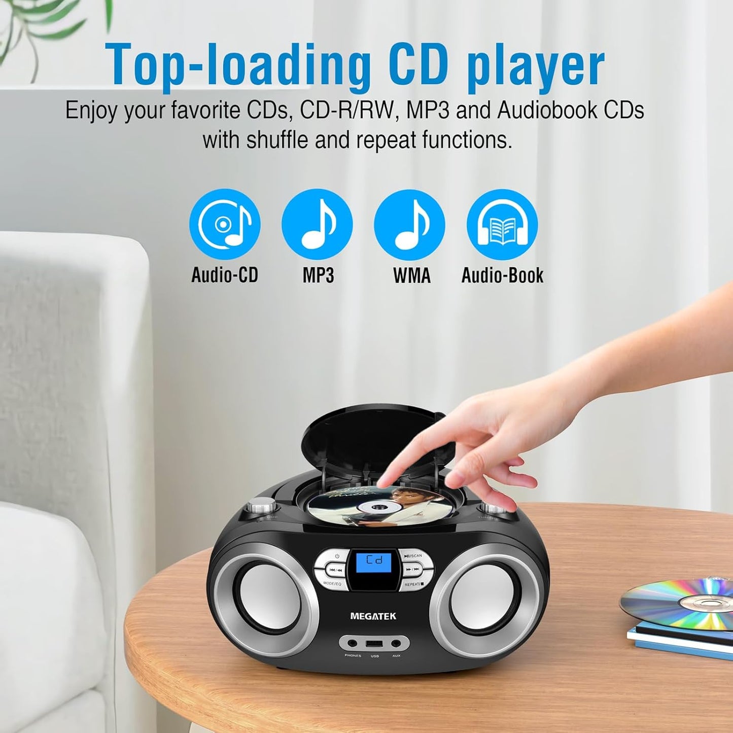 MEGATEK Portable CD Player Boombox with FM Radio, Bluetooth, USB Port, AUX Input, and Headphone Jack – CD-R/CD-RW/MP3-CD Compatible, Clear Stereo Sound, Backlit LCD Display – Black