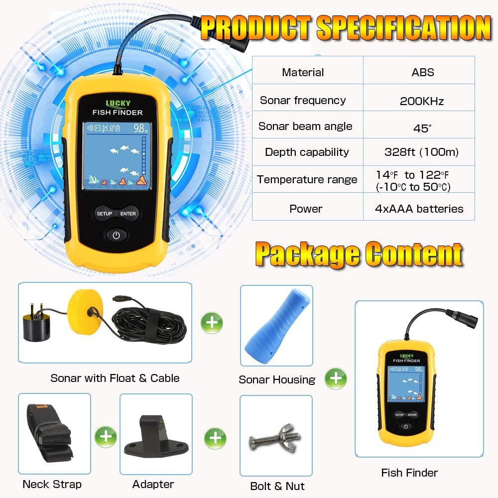 LUCKYLAKER Ice Portable Fishing Fish Finder Wired Handheld Fishing Finders Kayak Sonar Sensor Fish Finder Transducer Depth Finder LCD Monitor for Boat Canoe