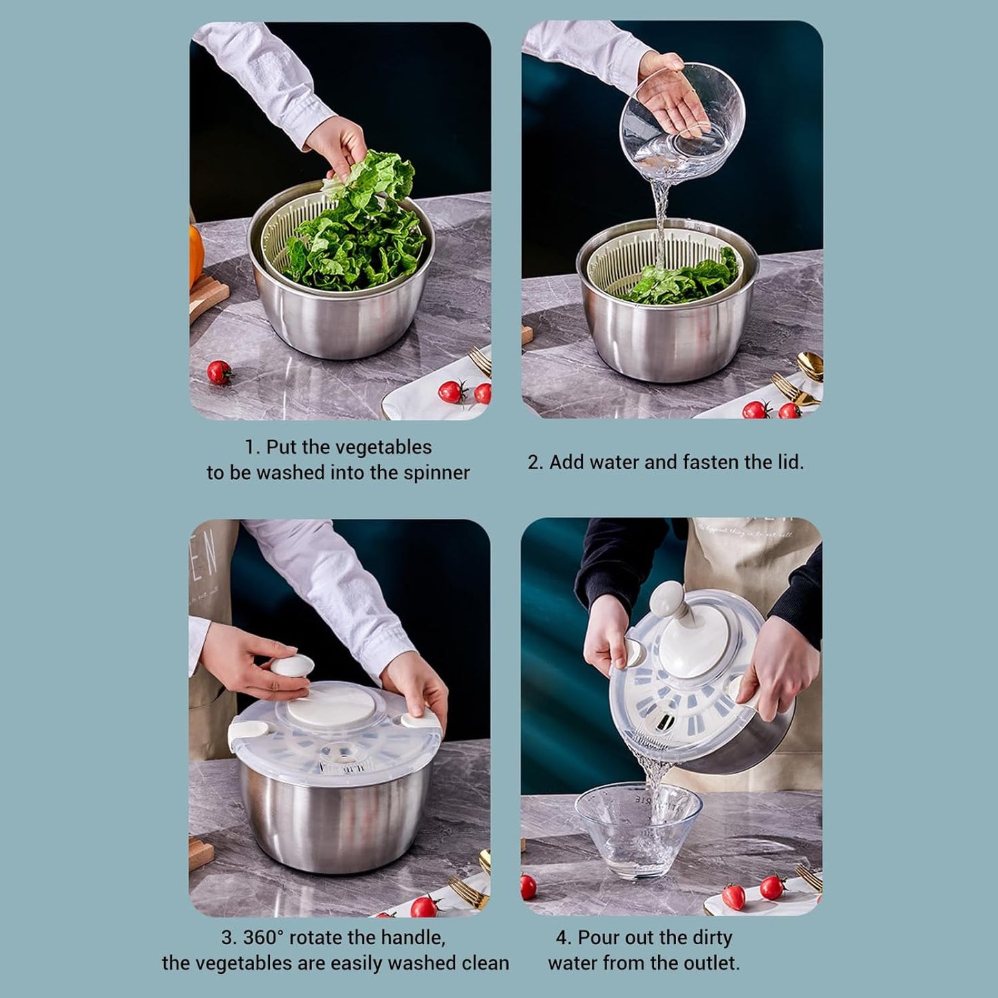Stainless Steel Salad Spinner, Quick and Easy Vegetable Washer Lettuce Spinner with Transparent Lid and Drain Bowl Colander
