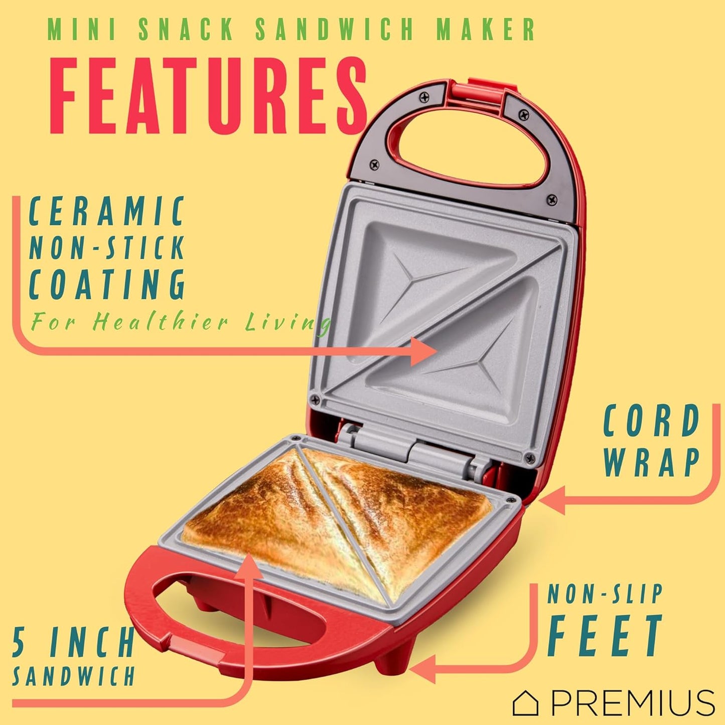 PREMIUS Ceramic NonStick Mini Snack Sandwich Maker, Indicator Light, 5x4.4 Inch Mold, Great for French Toast, Tuna Melt, Egg & Grilled Cheese, Pancake Sandwich, Desserts, Toasties, 520 W (Red)