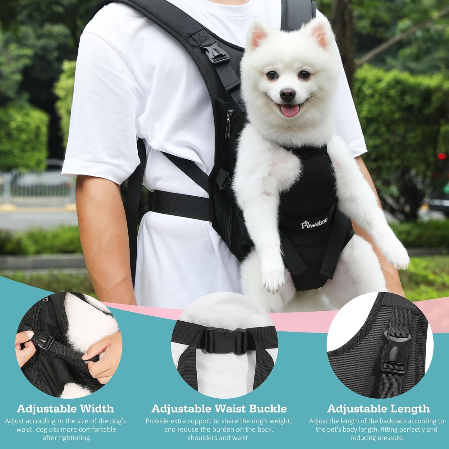 Pawaboo Pet Carrier Backpack, Adjustable Pet Front Cat Dog Carrier Backpack Travel Bag, Legs Out, Easy-Fit for Traveling Hiking Camping for Small Medium Dogs Cats Puppies, Medium, Black