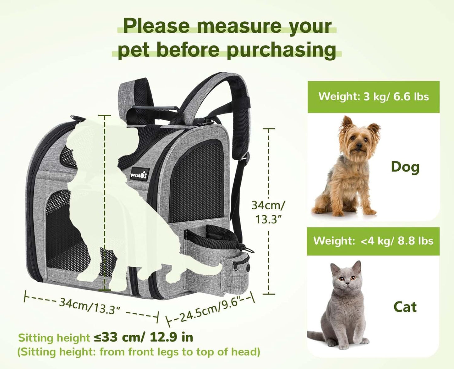 Pecute Cat Backpack with Breathable Mesh, Dog Backpack Carrier with Multi-Pockets for Cats Puppies, Pet Backpack Carrier for Travel Hiking Camping Outdoor (Gray)