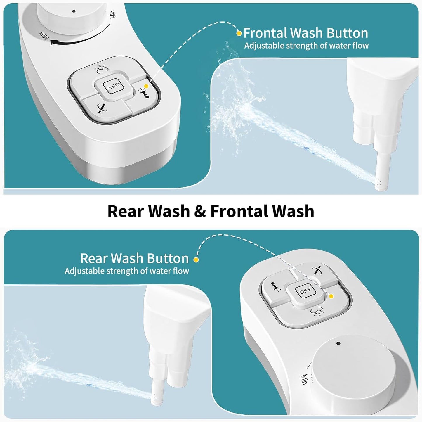 PIKETS Bidet Attachment for Toilet, Dual Nozzle (Frontal and Rear Wash) Non-Electric Fresh Water Toilet Seat Attachment with Nozzle Self Cleaning, Adjustable Water Pressure(Chrome Silver)