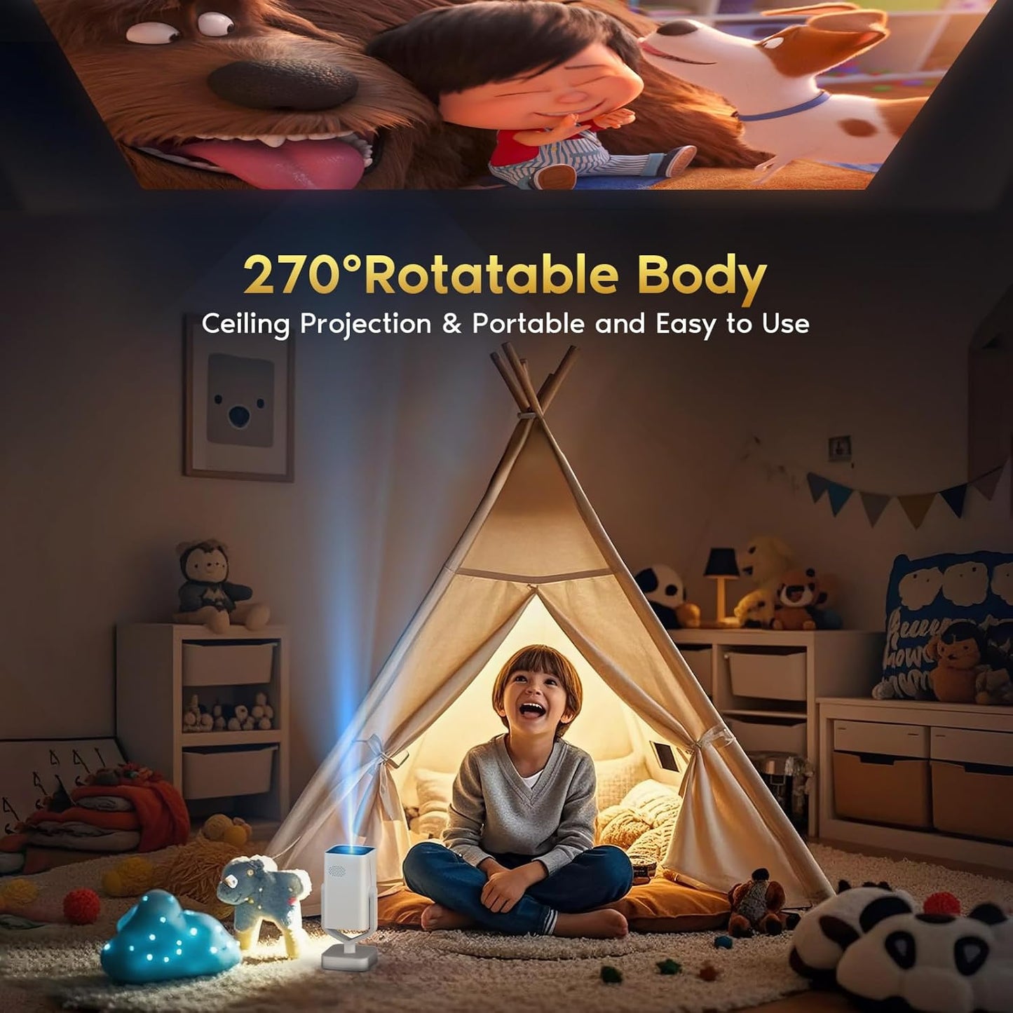 【Short Throw/Built-in Apps】 1080P Smart Mini Projector with WiFi 6 and Bluetooth, Auto Keystone Outdoor Movie Projector, 270°Adjustable Home Portable Projector for Phone/TV Stick/Laptop/HDMI