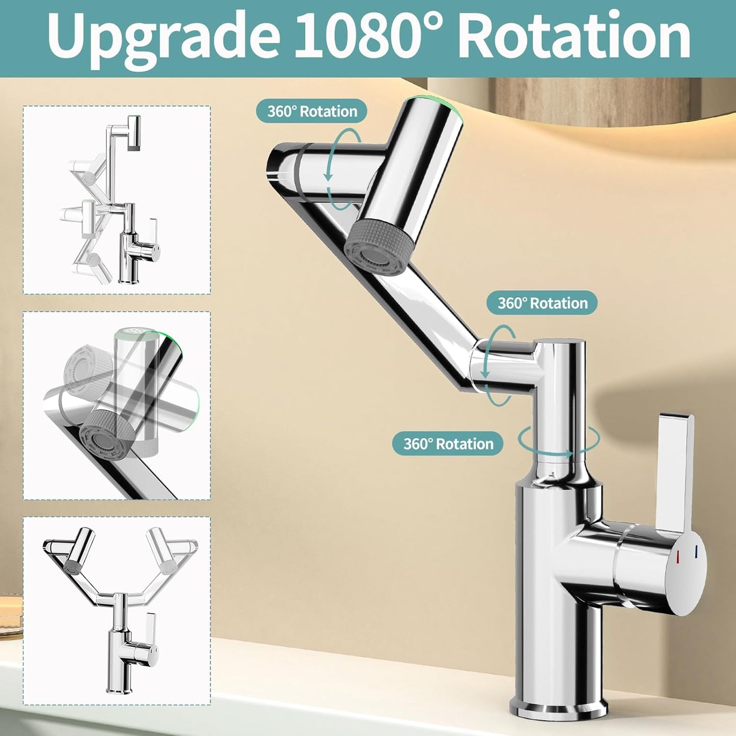 EAARSUO Single Hole Rotatable Bathroom Faucet with Temperature Display, Single Handle Modern Rotating Bathroom Sink Faucet 1 Hole, 1080 Degree Swivel Faucet with 2 Water Outlet Modes (Black)