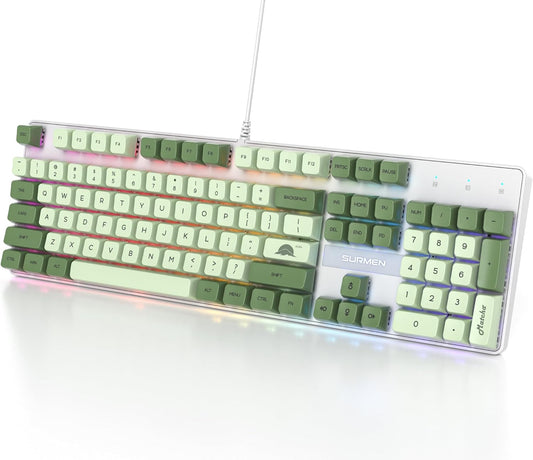 Fogruaden Full Size Mechanical Keyboard, Green Matcha Keyboard, Wired USB 104 Keys RGB Backlit Gaming Keyboard with Number Pad, Red Switches, NKRO Mechanical Keyboard for Windows Laptop PC Gamer - PuriLite