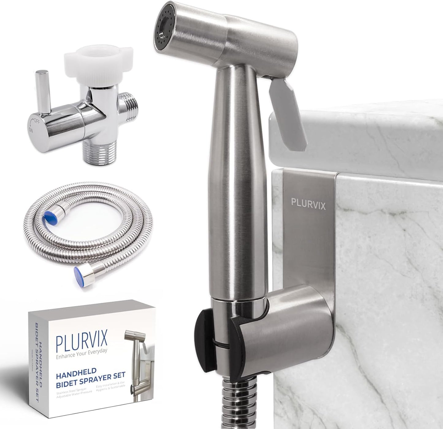 Plurvix Handheld Bidet Sprayer for Toilet – Adjustable Water Pressure, Stainless Steel Jet Spray Kit with Bidet Hose - Feminine Wash, Baby Cloth Diaper Cleaning, Muslim Shower – Wall or Toilet Mount