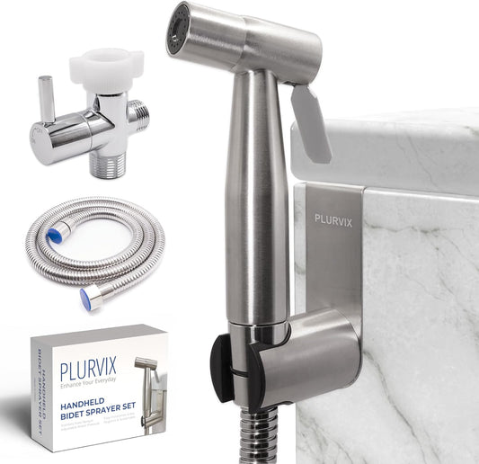 Plurvix Handheld Bidet Sprayer for Toilet – Adjustable Water Pressure, Stainless Steel Jet Spray Kit with Bidet Hose - Feminine Wash, Baby Cloth Diaper Cleaning, Muslim Shower – Wall or Toilet Mount - PuriLite