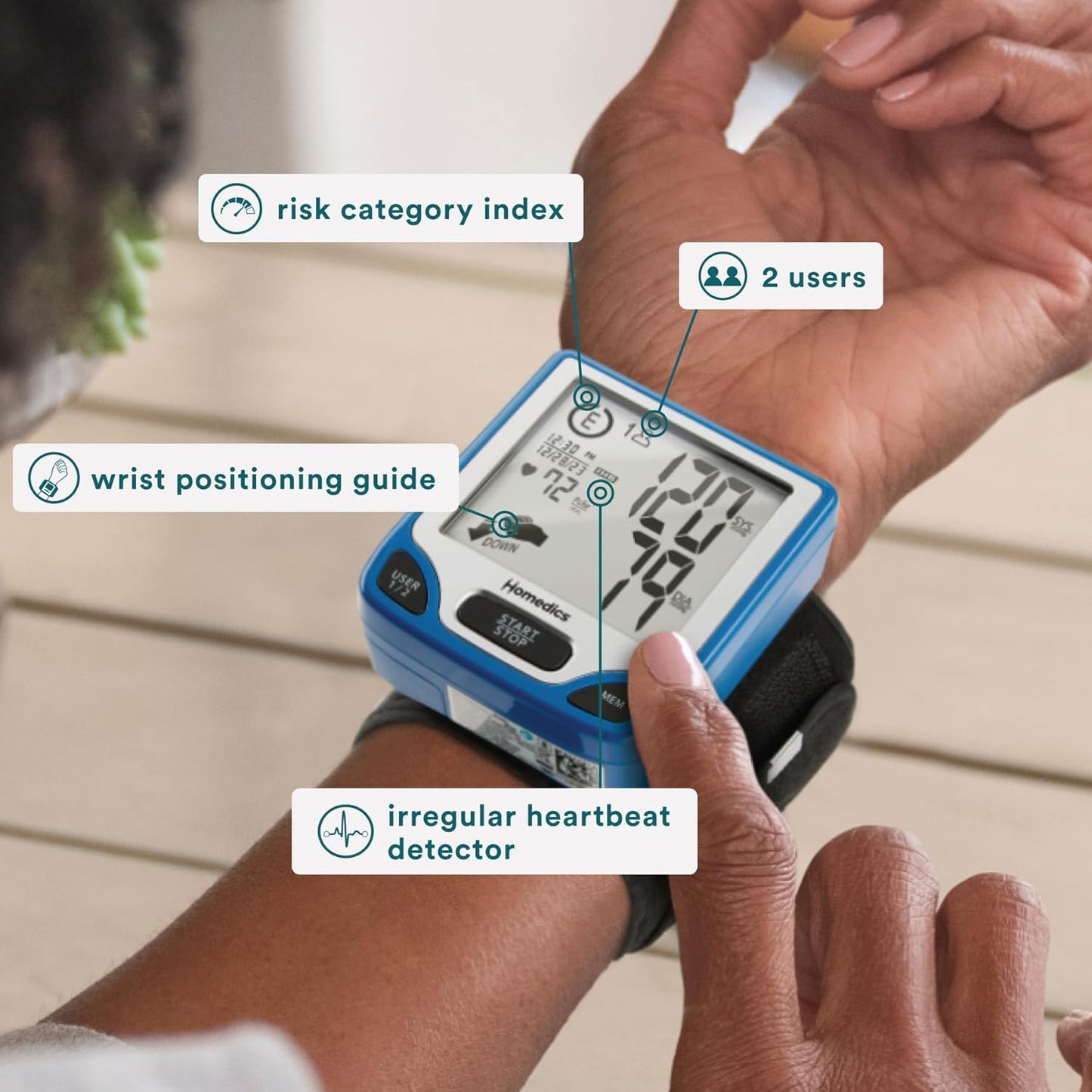 Homedics Blood Pressure Monitor, Automated Wrist Blood Pressure Machine for Home use with Easy One-Touch Operations. Stores up to 120 Readings (60 Readings per 2 Users). Cuff and Storage Case Included