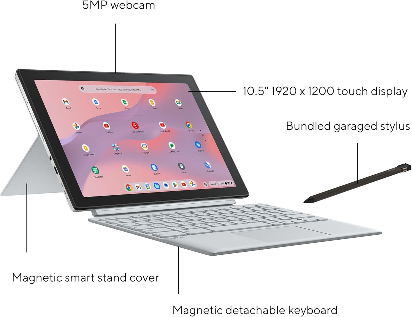 ASUS Chromebook CM30 Detachable Laptop, 10.5" 1920x1200 Display, MediaTek™ Kompanio 520, 8GB RAM, 128GB eMMC Storage, Garaged Stylus, ChromeOS, Fog Silver, CM3001DM2A-AS01TS-CB