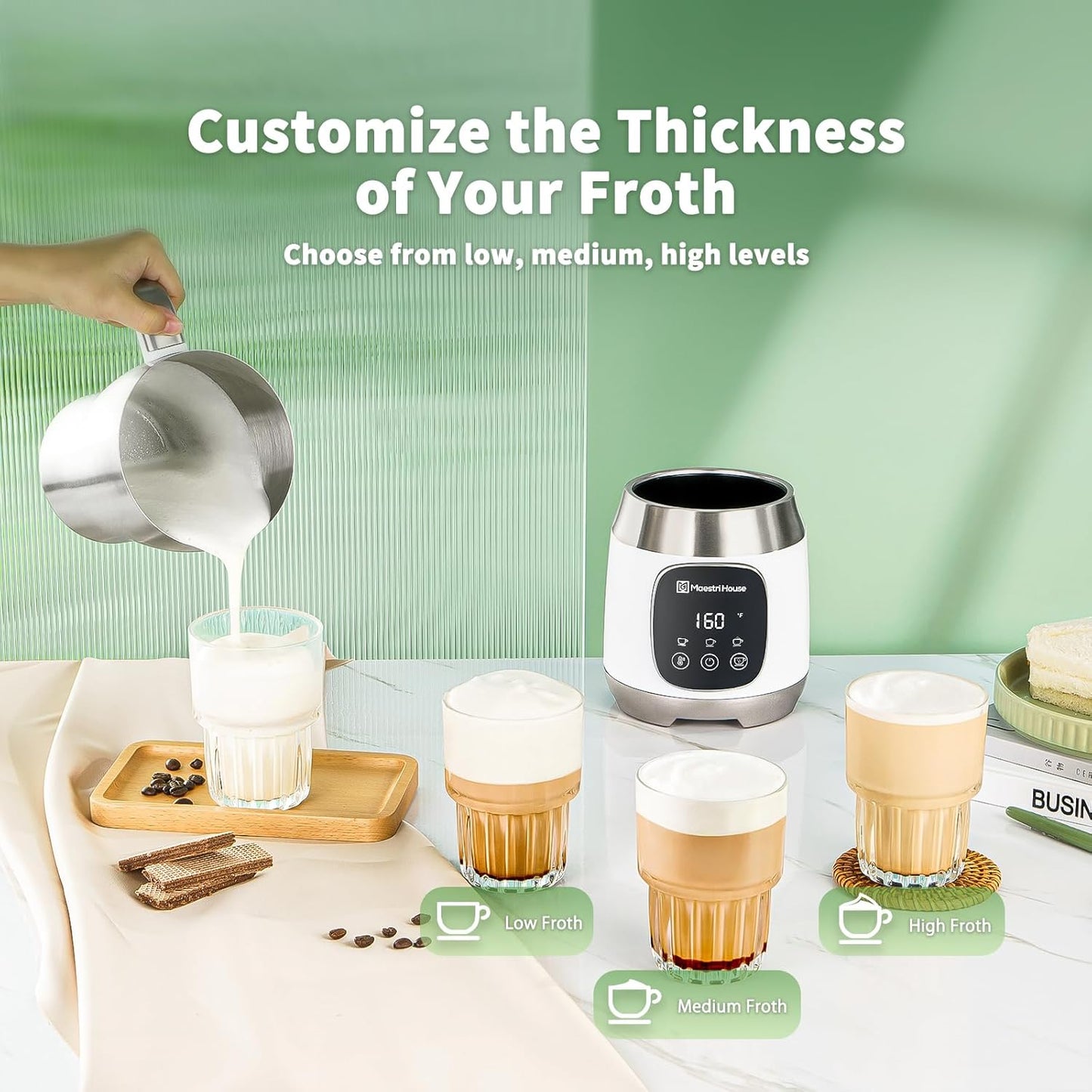 Maestri House Milk Frother, Variable Temp and Froth Thickness Milk Frother and Steamer, 21OZ/600ML Smart Touch Control Milk Warmer, Dishwasher Safe, Memory Function for Latte Cappuccino (White)