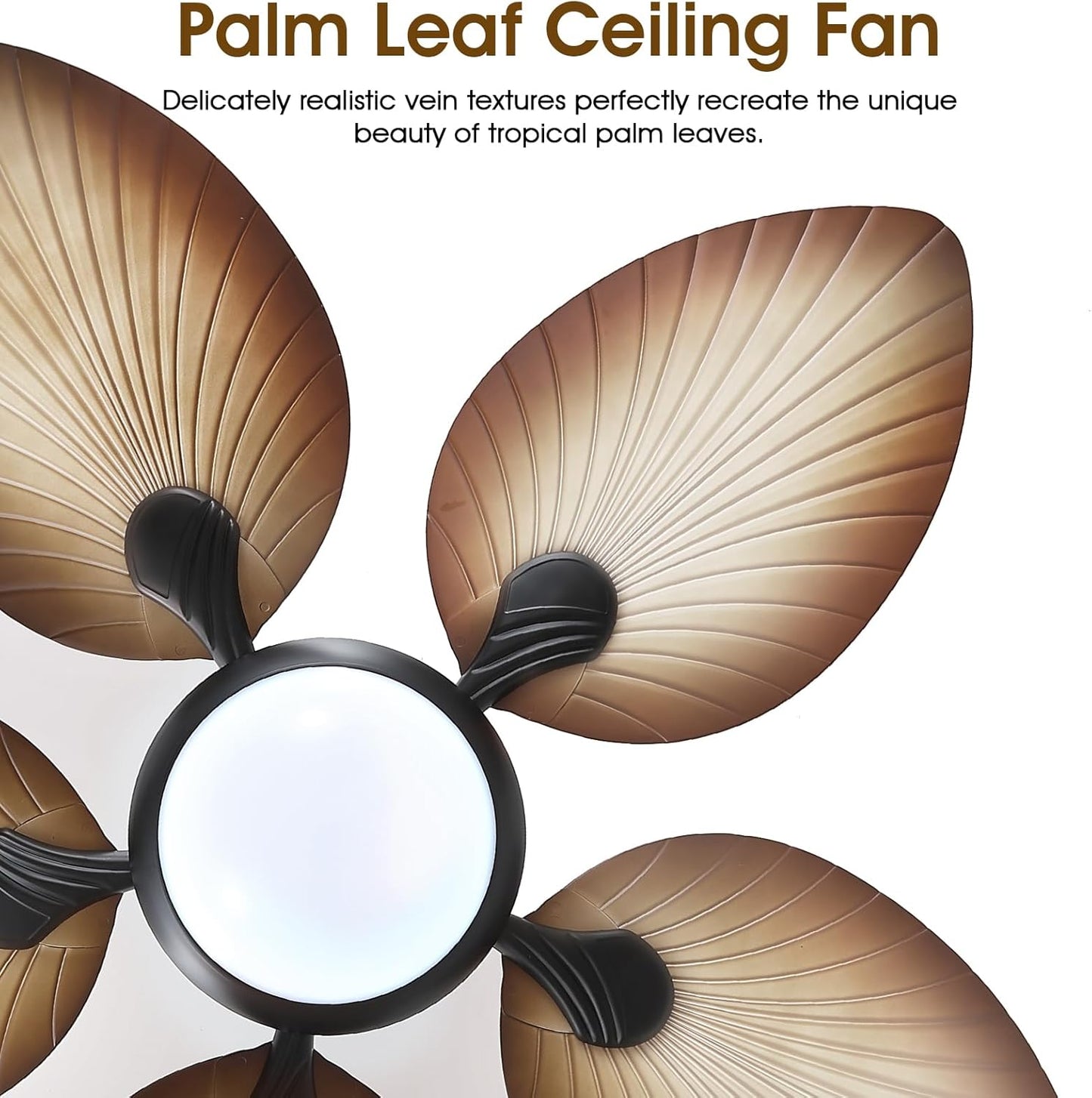 Wiviniya Ceiling Fans with Lights and Remote/APP Control, 44 Inch Tropical Palm Leaf Ceiling Fan with LED Lights, Outdoor Ceiling Fans for Patios Porch, Reversible Quiet Motor, Dimmable, Light Brown