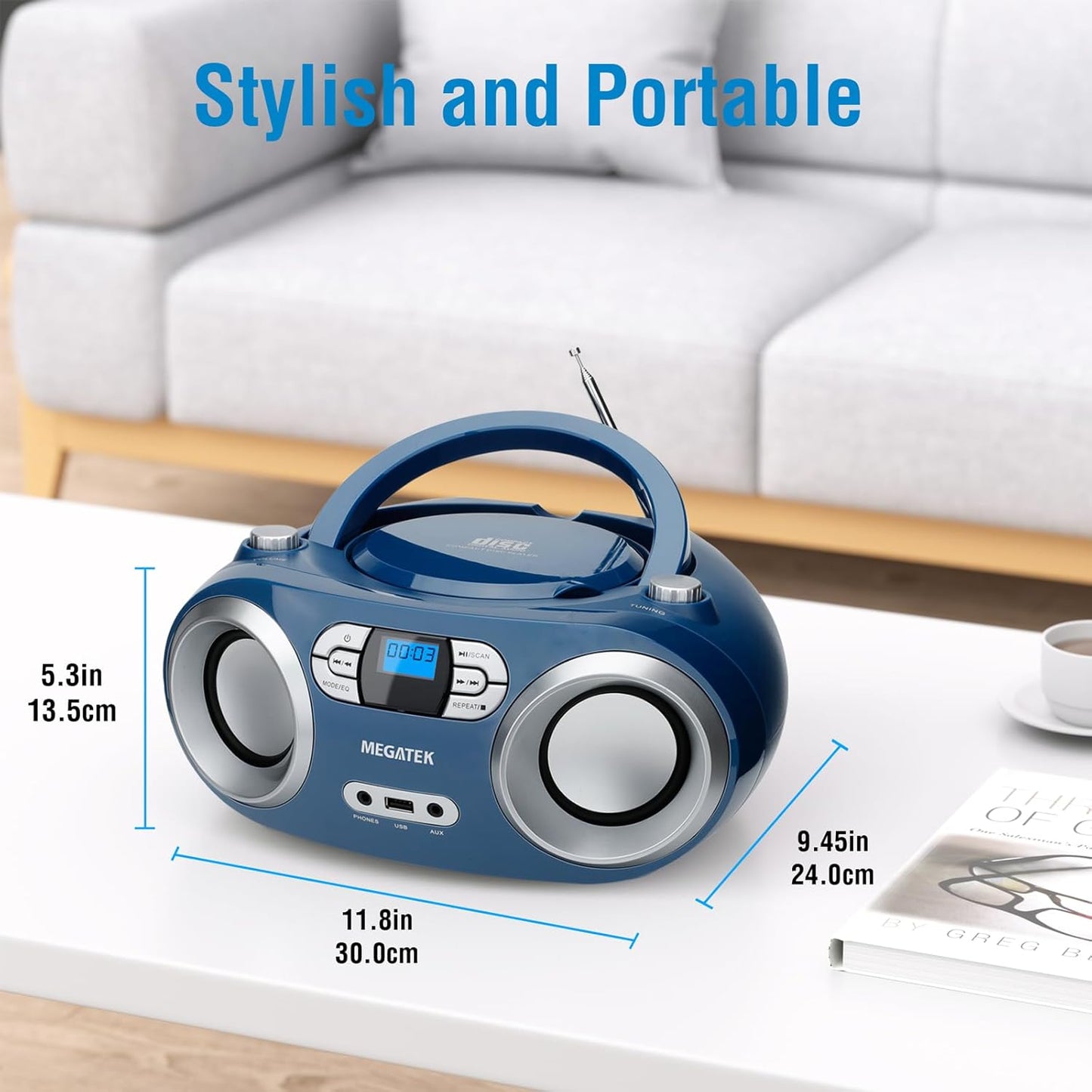 MEGATEK Portable CD Player Boombox with FM Radio, Bluetooth, USB Port, AUX Input, and Headphone Jack – CD-R/CD-RW/MP3-CD Compatible, Clear Stereo Sound, Backlit LCD Display – Black
