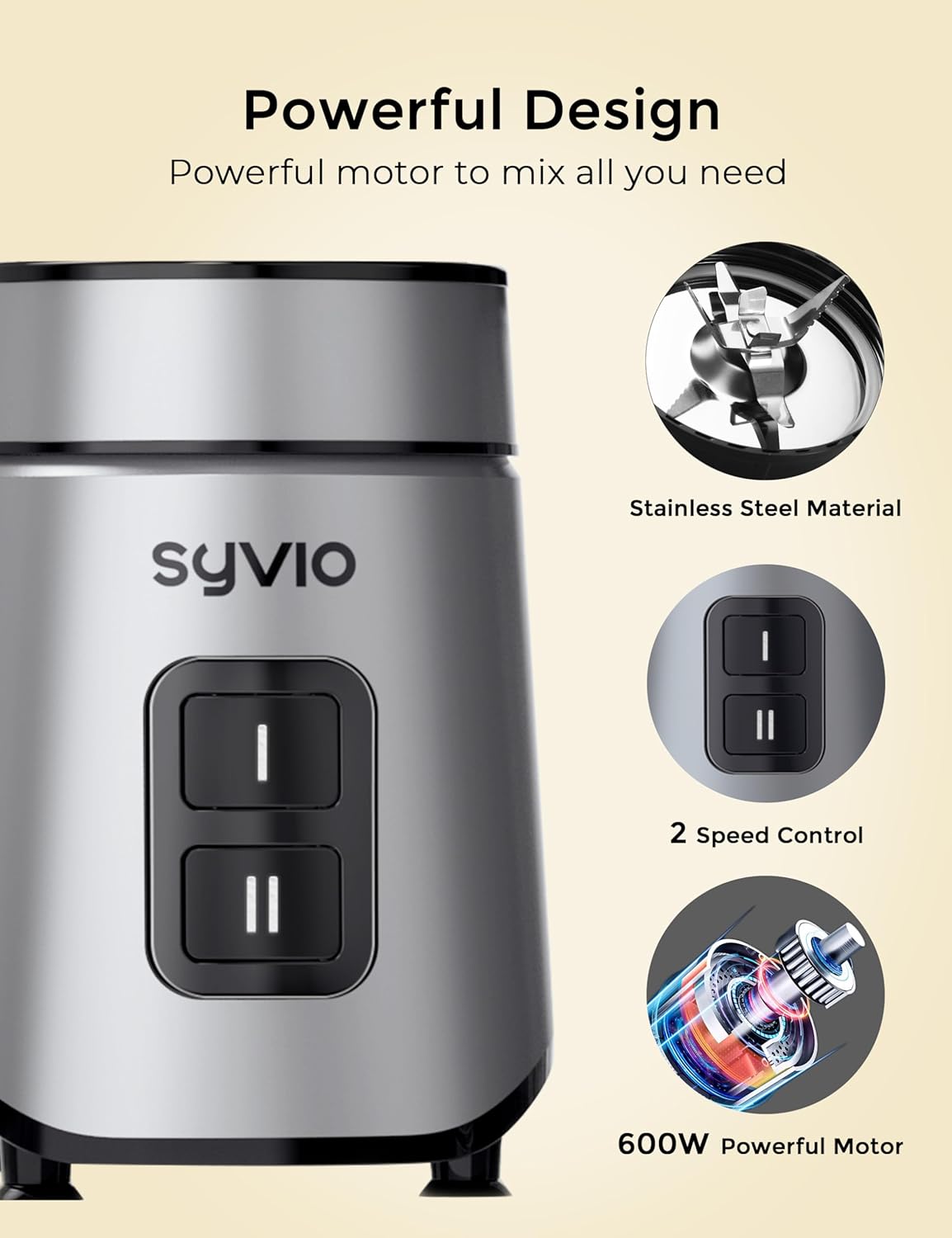 Smoothie Blender Syvio 600W,Juice and Shakes,Personal Blender with 2 Speed Control, Mini Blender with 2 BPA-Free 20 Oz Portable Blender Cups,Nutritious Recipe,Personal Blenders for Smoothies Shake