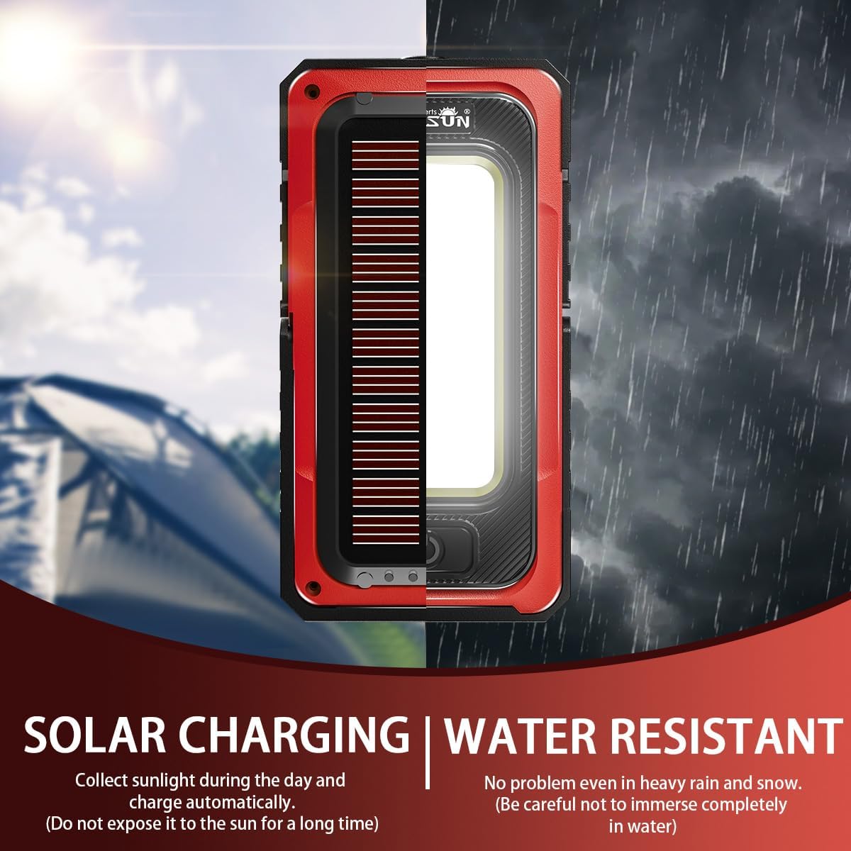 WARSUN Portable Rechargeable Magnetic Work Light, LED Flood Light Waterproof for Outdoor Camping Hiking Emergency Car Repairing (USB + Solar Charging, Yellow)