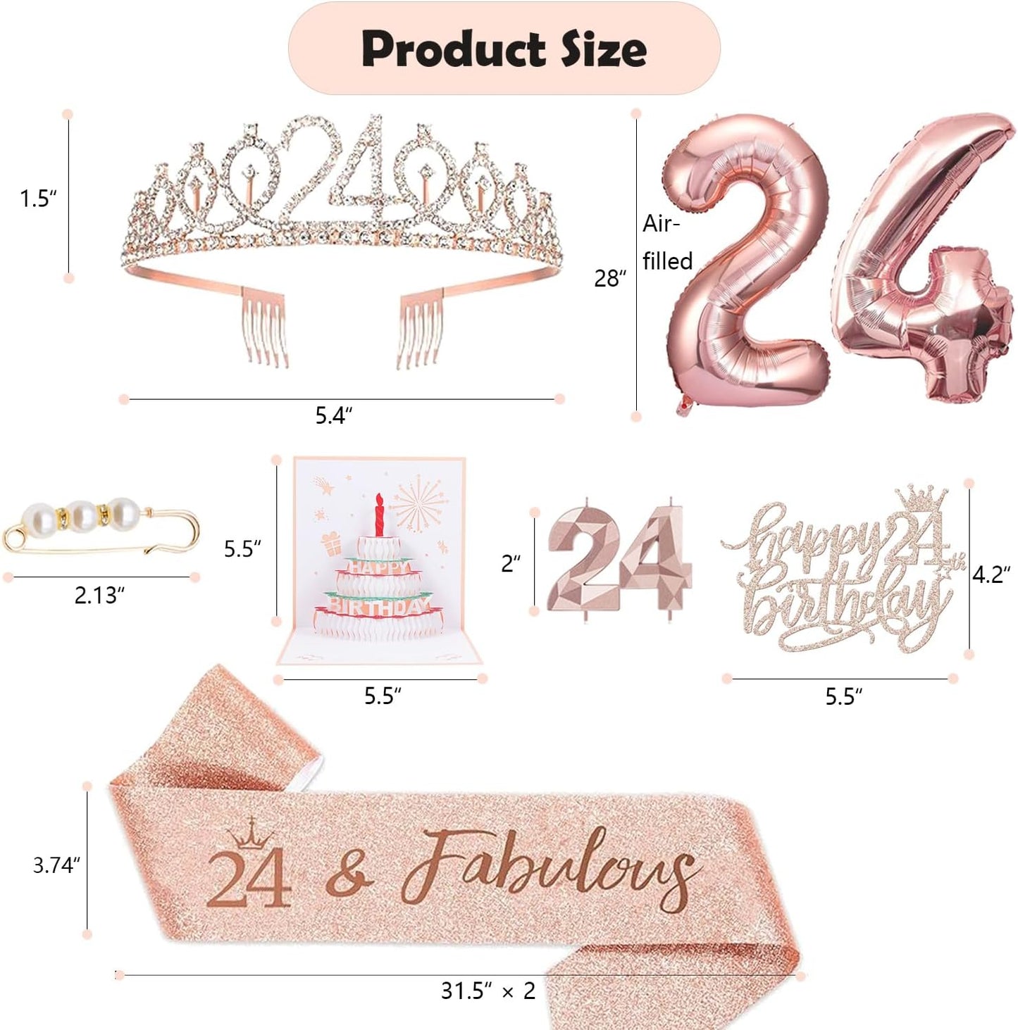 8pcs 40th Birthday Decorations gifts for Women, Including 40th Happy Birthday Cake Topper, Queen Sash with Pearl Pin, Sweet Rhinestone Tiara Crown for Women, Number Candles and Balloons (Rose Gold)