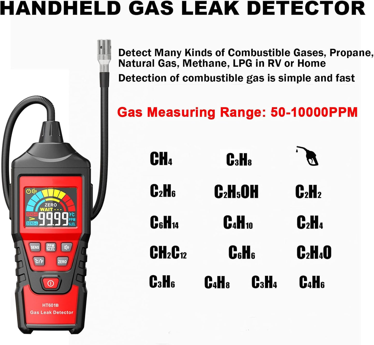 Gas Leak Detector, Portable Combustible Gas Detector, Gas Sniffer for Flammable Natural Gas Acetone Propane Benzene Ethanol Gasoline Methane LPG in RV or Home, 9999 PPM 20% LEL with LCD Color Display