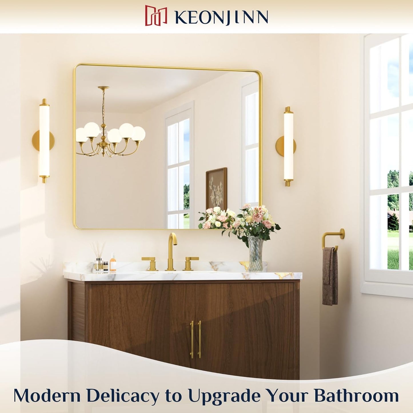 Keonjinn 42 x 36 Brushed Nickel Bathroom Vanity Mirror, Large Rounded Rectangle Bathroom Mirrors for over Sink, Metal Framed Silver Mirror for Wall, Shatterproof HD Tempered Glass(Horizontal/Vertical)