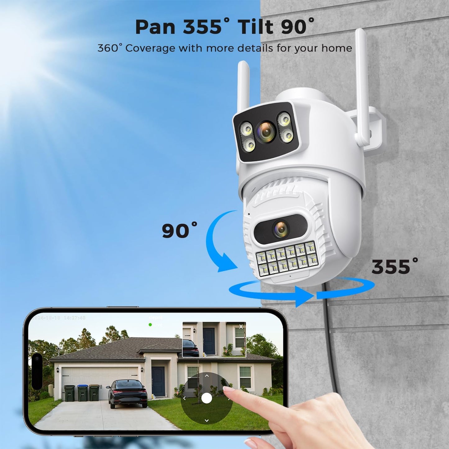 4K 8MP Dual Lens Security Camera Outdoor, 2.4Ghz/5Ghz WiFi 360°PTZ Camera Surveillance Exterieur, Auto Tracking, Human Detection, Color Night Vision, 2-Way Audio, IP66 Waterproof
