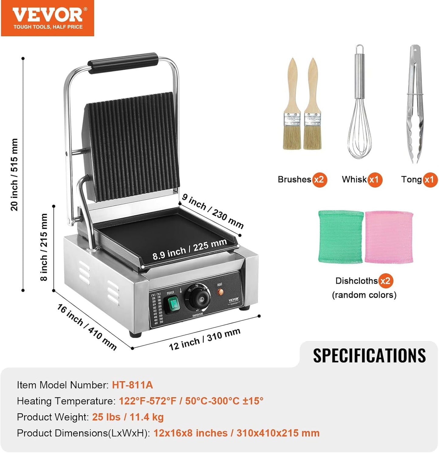 VEVOR 7 IN 1 Electric Contact Grill,1800W Indoor Panini Press Griddle,Stainless Steel Teppanyaki Grill with Nonstick&Removable Iron Plate, 0-446℉ Adjustable Temp Control,LCD Display,110V