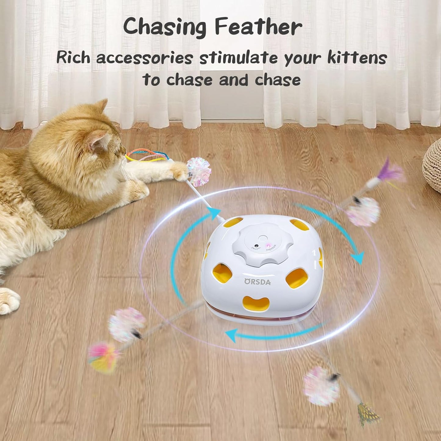 ORSDA Cat Toys Interactive, 4 in 1 Automatic Cat Toy, Hide and Seek, Whack a Mole, Magic Wand, Chasing Feather, with 4 Replacements, USB Rechargeable, for All Breed Sizes