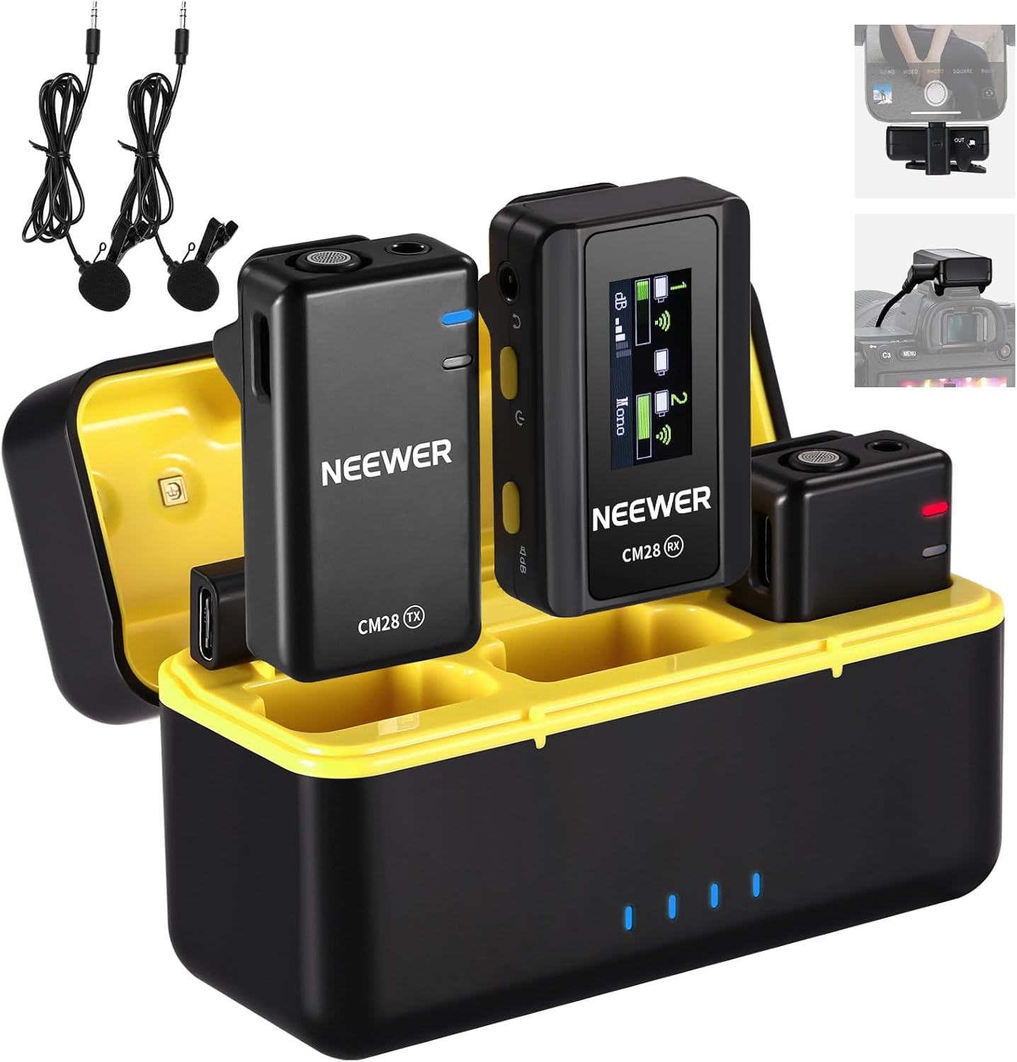 NEEWER CM28 Wireless Lavalier Microphone System with Charging Case, 1 Click Noise Canceling, 4GB Storage for 9Hrs of 48KHz 16 Bit Uncompressed Audio Lapel Mic Compatible with iPhone/Android/PC/Camera