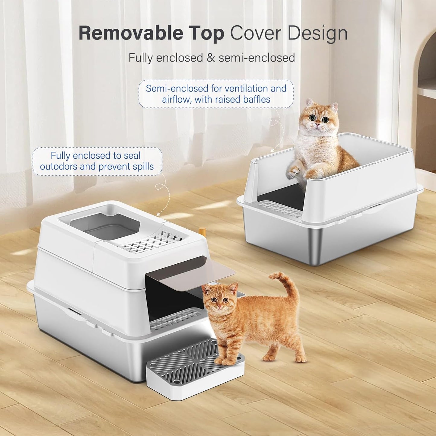 Stainless Steel Litter Box with Lid, XL Extra Large Enclosed Cat Litter Box for Big Cats 110° Flip Cover, Top Entry Metal High Sided Litter Box & Pedal & Scoop, Anti-Leakage (Grey)