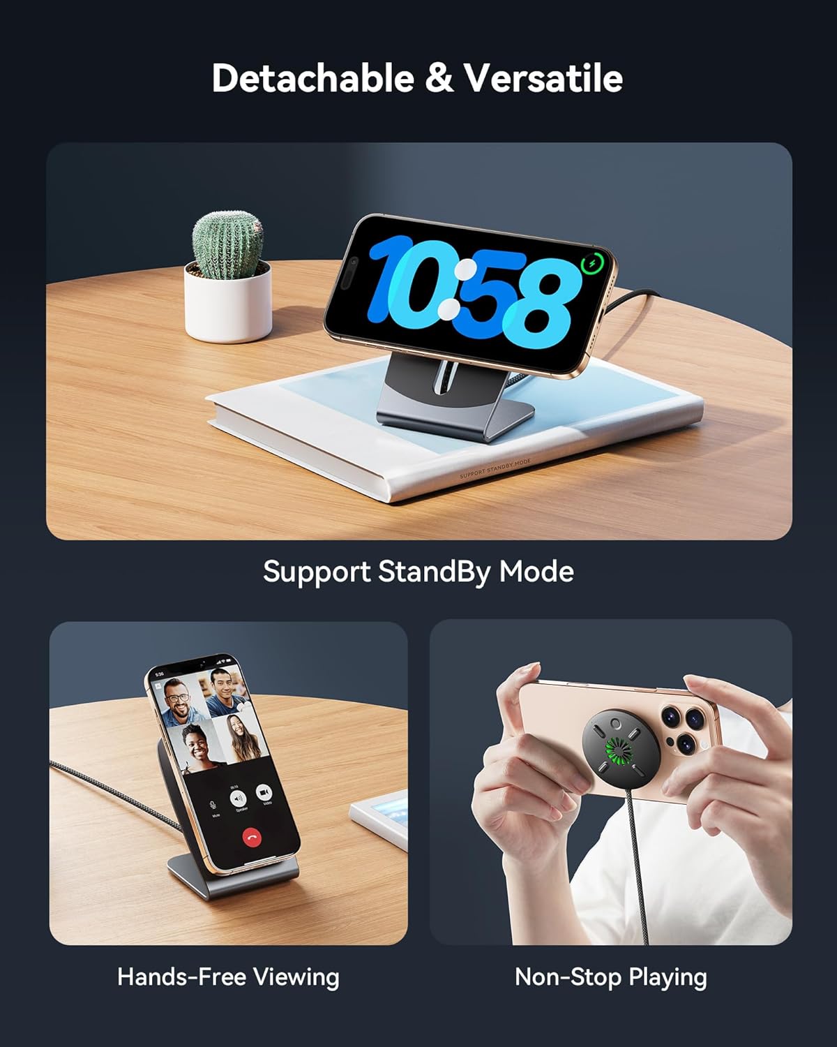 INIU Wireless Charger, 15W Fast Charging Magnetic Wireless Charger Stand, Travel Essential Wireless Charging Station with Sleep-Friendly Adaptive Light, for iPhone 16/15/14/13/12 Series, Airpods