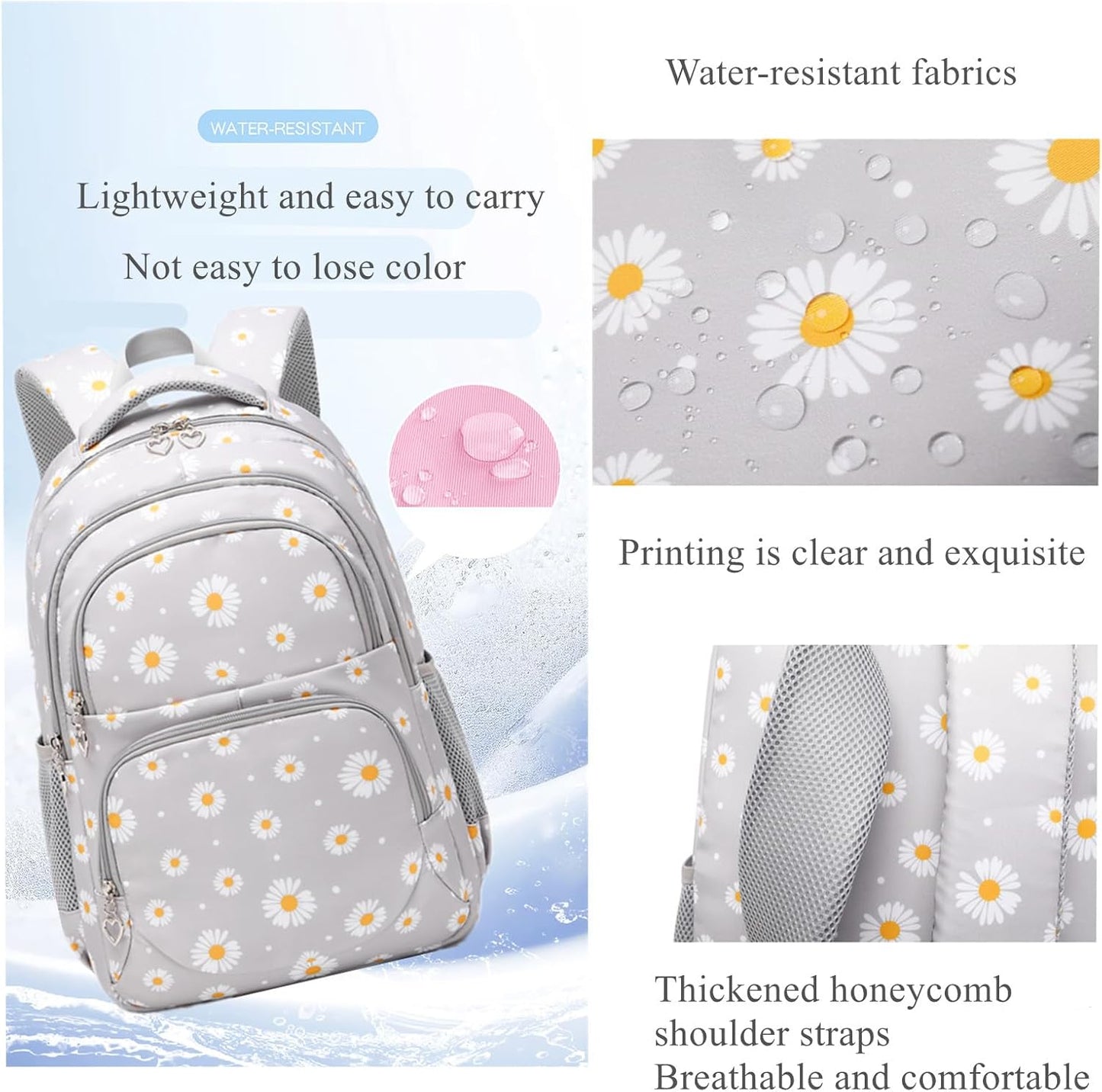 3Pcs Daisy Prints Backpack for Girls Bookbag set Primary School Daypack Elementary Students Knapsack with Lunch Box