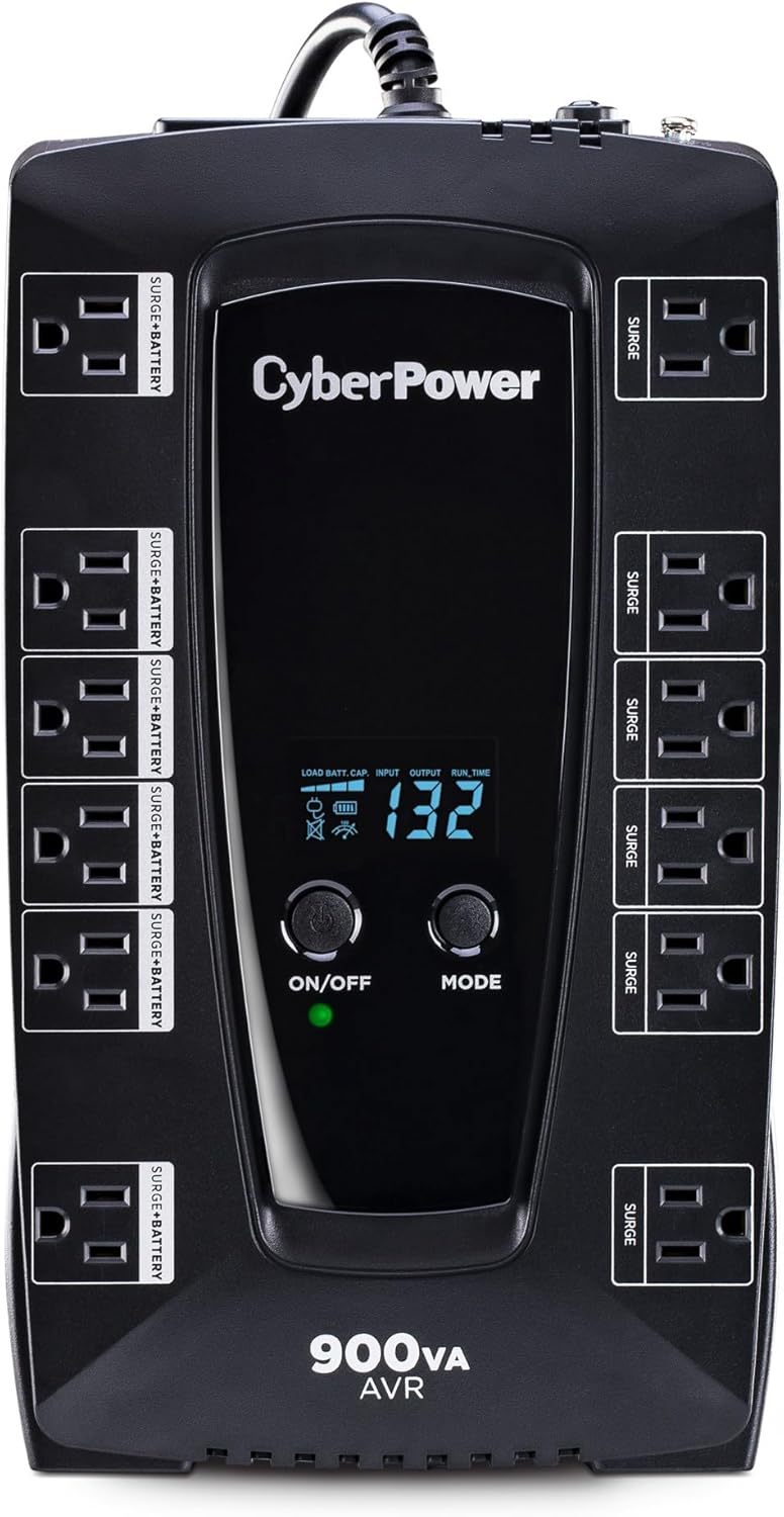 CyberPower AVRG900LCD Intelligent LCD UPS System, 900VA/480W, 12 Outlets, AVR, Compact