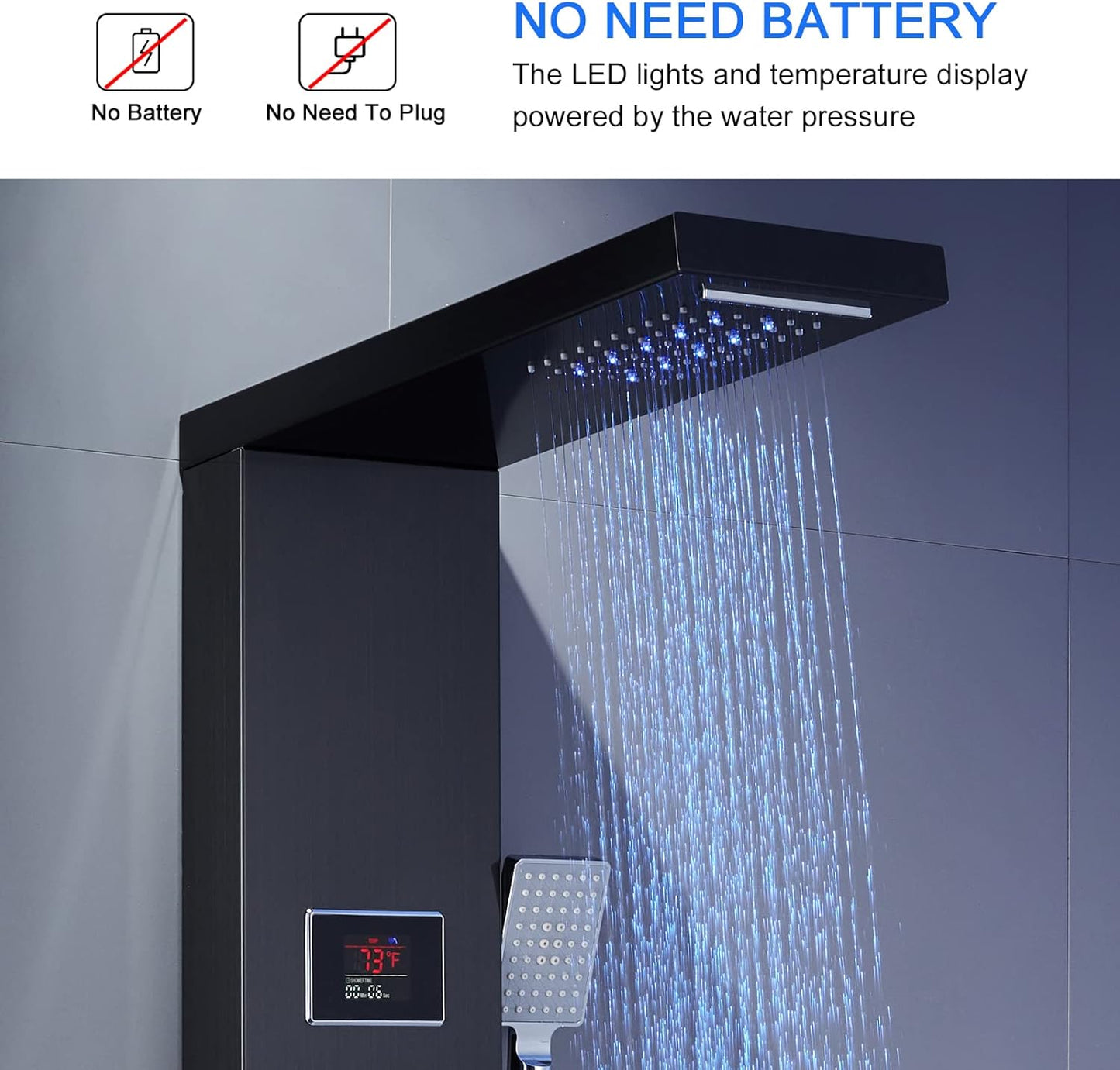 LED Shower Panel Tower System Black, MENATT 304 Stainless Steel 5-Function Shower Panel Rainfall Waterfall Shower Rain Massage System with Body Jets