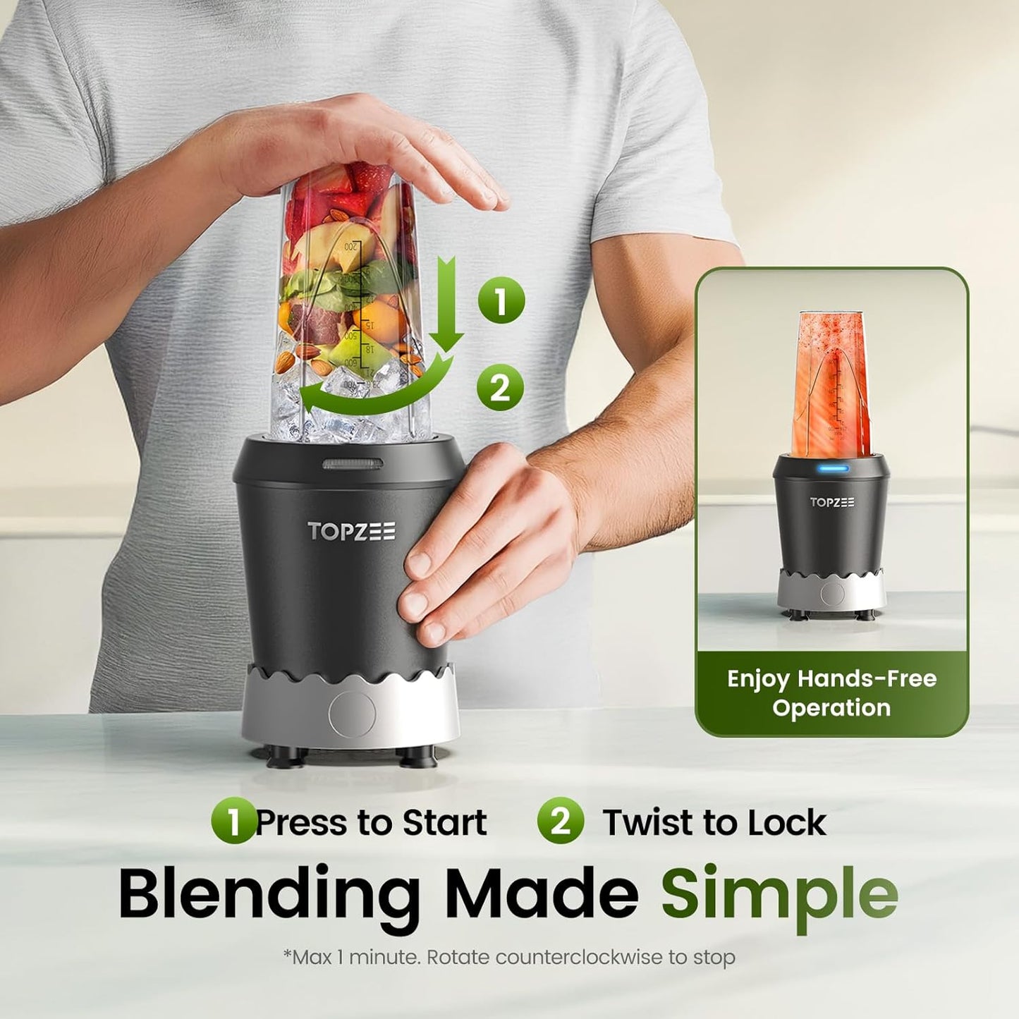 Personal Smoothie Blender - 1000W Single Serve Smoothie Maker with 24oz Portable Travel Cups, Ideal for Protein Shakes, Frozen Drinks, and Kitchen Use