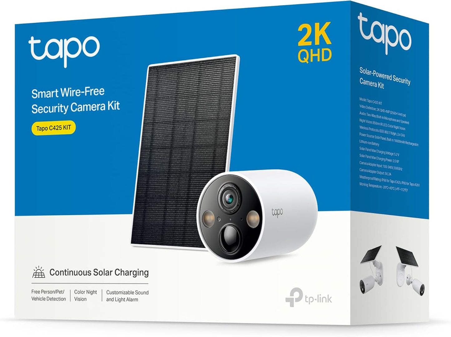 TP-Link Tapo SolarCam 2K, Outdoor Battery Camera w/Solar Panel Base, Wireless Camera, 2K QHD, 150° Super-Wide FOV, Free Person/Vehicle/Pet Detection, SD/Cloud Storage, Starlight Color Night Vision