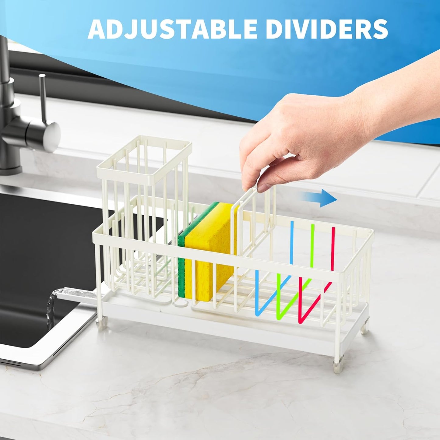 Cisily Sponge Holder for Kitchen Sink, Sink Caddy with High Brush Holder, Organzier Rustproof 304 Stainless Steel Dish Organizer Divider, Soap Dispenser Storage (Black)