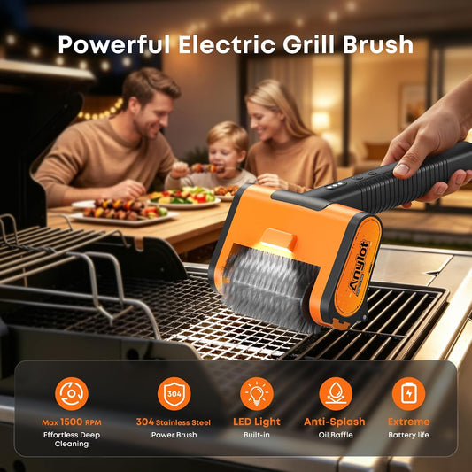 1500RPM Electric Grill Brush | Cordless Rechargeable BBQ Cleaner, 3 Speeds & 3 Heads, LED Light and Splash Guard – Fits Gas, Charcoal & Cast Iron Grates