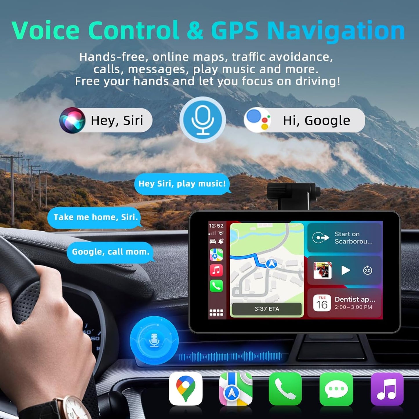 7 Inch Apple Carplay Screen for Car, Wireless Carplay Touchscreen for Apple Car Play and Android Auto with 1080P HD Backup Camera, Bluetooth, FM, AUX, Voice Control, Mirror Link, GPS Navigation