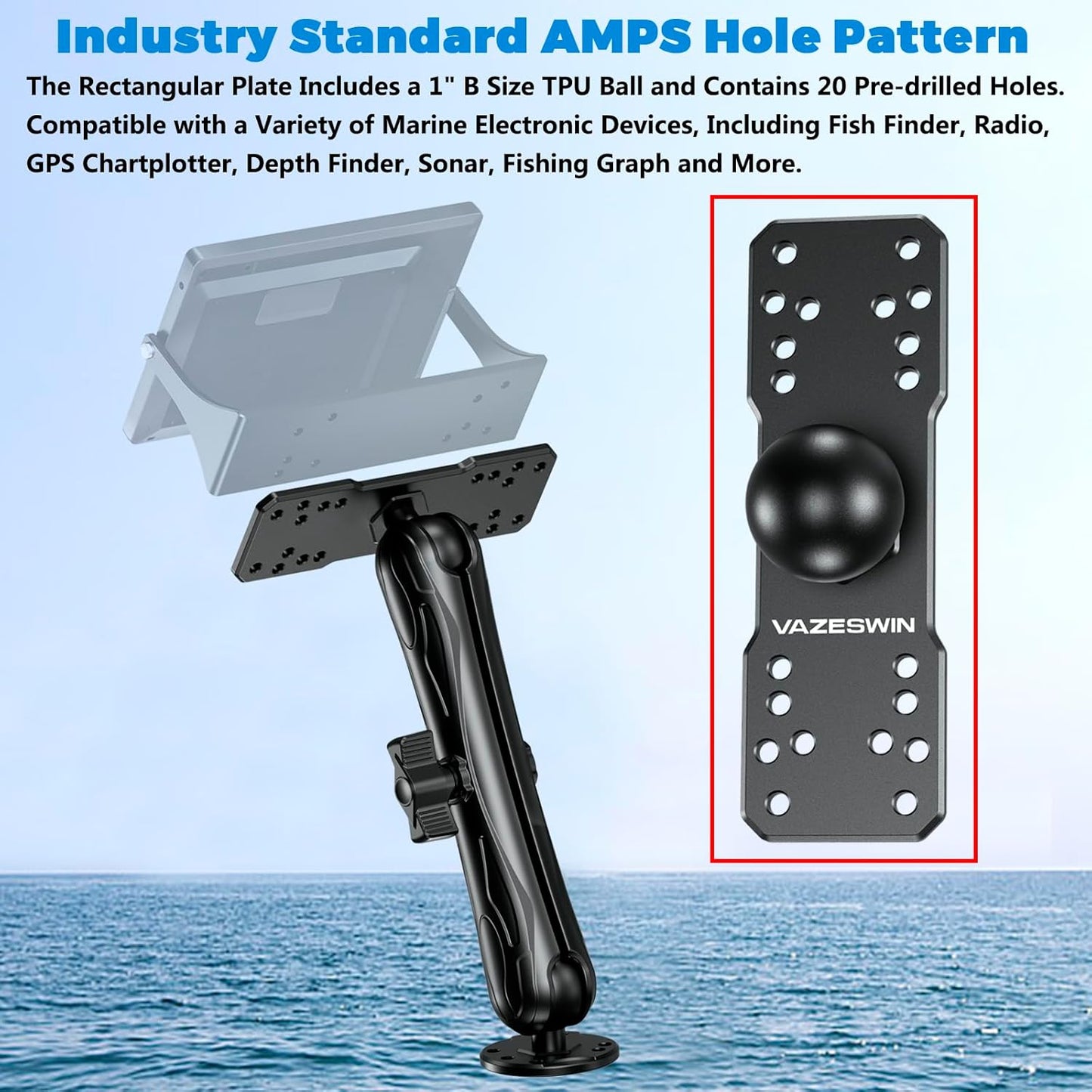 VAZESWIN 1.5" Ball Aluminum Alloy Fish Finder Mounting Plate, Universal Marine Electronic Mount Plate for Garmin, Lowrance, Humminbird, Raymarine, Fit for RAM Mounts, Scotty C Size Double Socket Arms