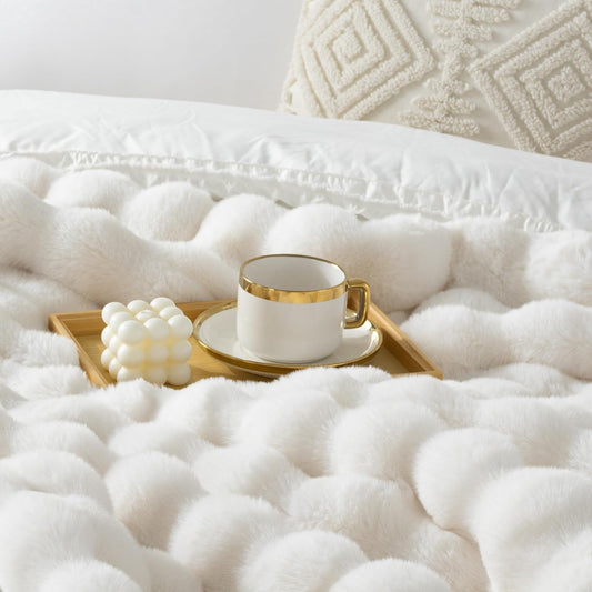 Touchat Luxury 1000GSM Faux Rabbit Fur Throw Blanket, Super Heavy Warm Cozy Blankets for Couch Bed Sofa, Bubble Plush Fuzzy Elegant Soft Reversible Mink Blanket for Living Room Bedroom, Cream White - PuriLite