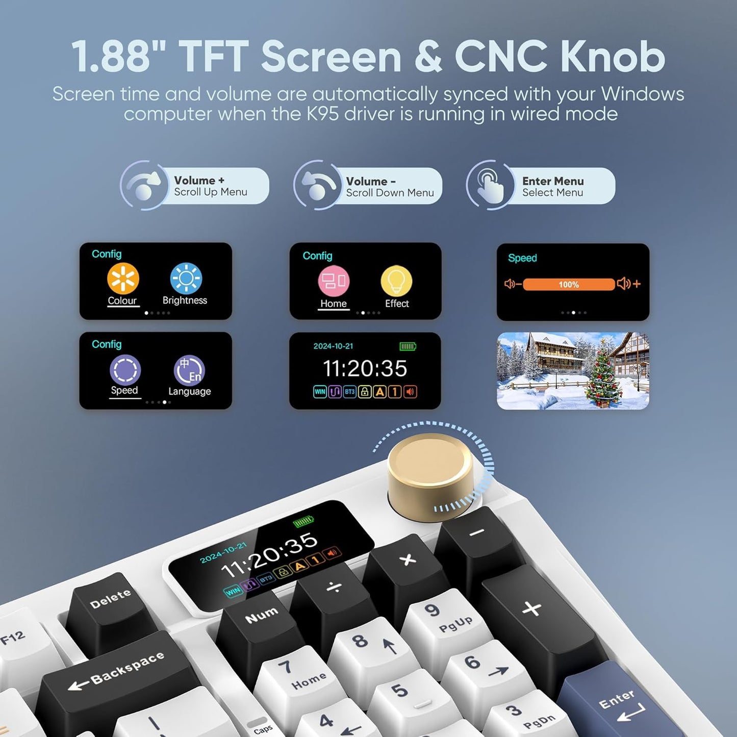 RedThunder K95 Wireless Mechanical Keyboard,TFT Screen & Knob, Tri-Mode BT5.0/2.4GHz/USB-C Hot Swappable Custom, Pre-lubed Linear Switches,Gasket Structure, RGB Gaming Keyboard for WIN/IOS, White-Blue