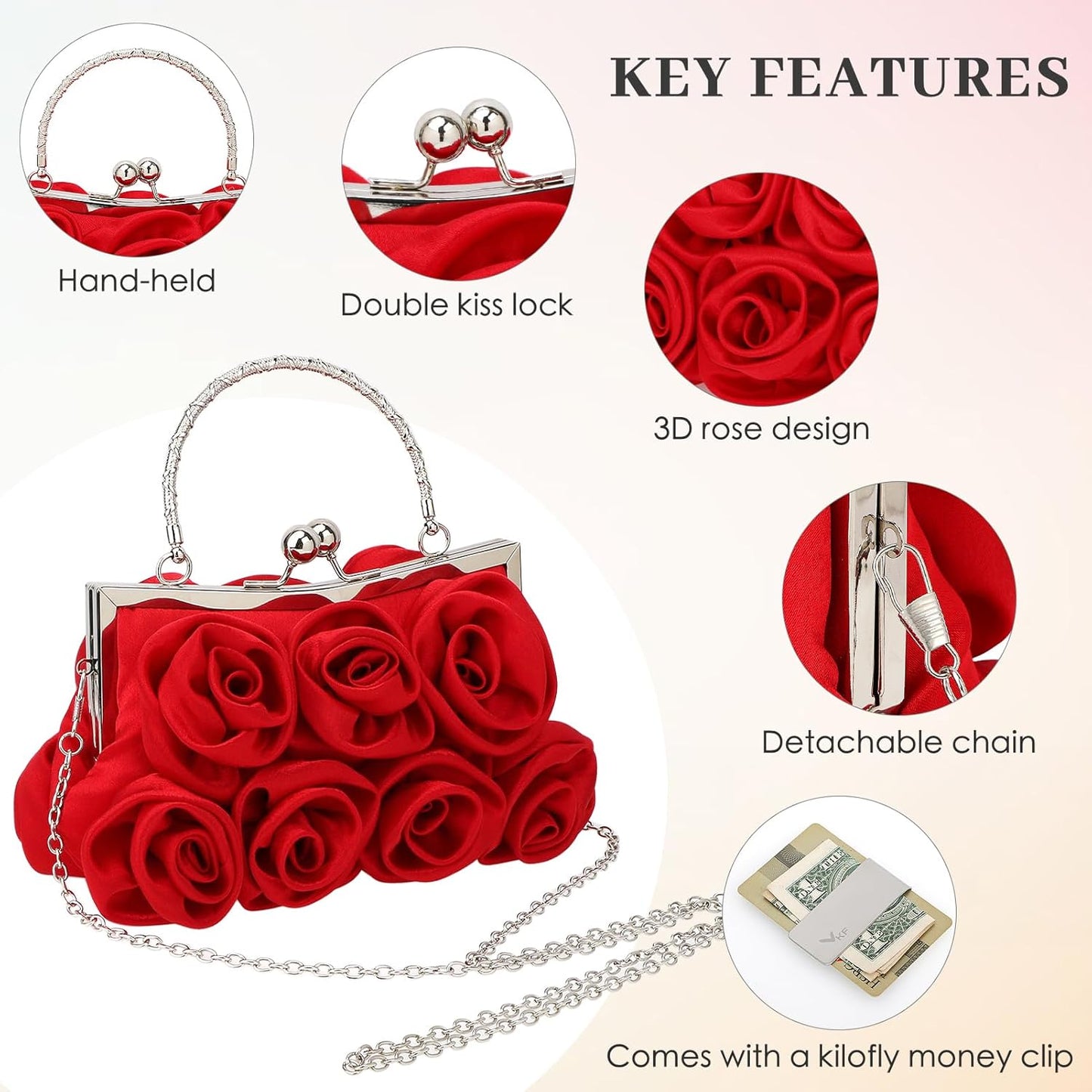 kilofly Missy K 7 Roses Clutch Purse, Satin, with Detachable Strap + kilofly Money Clip
