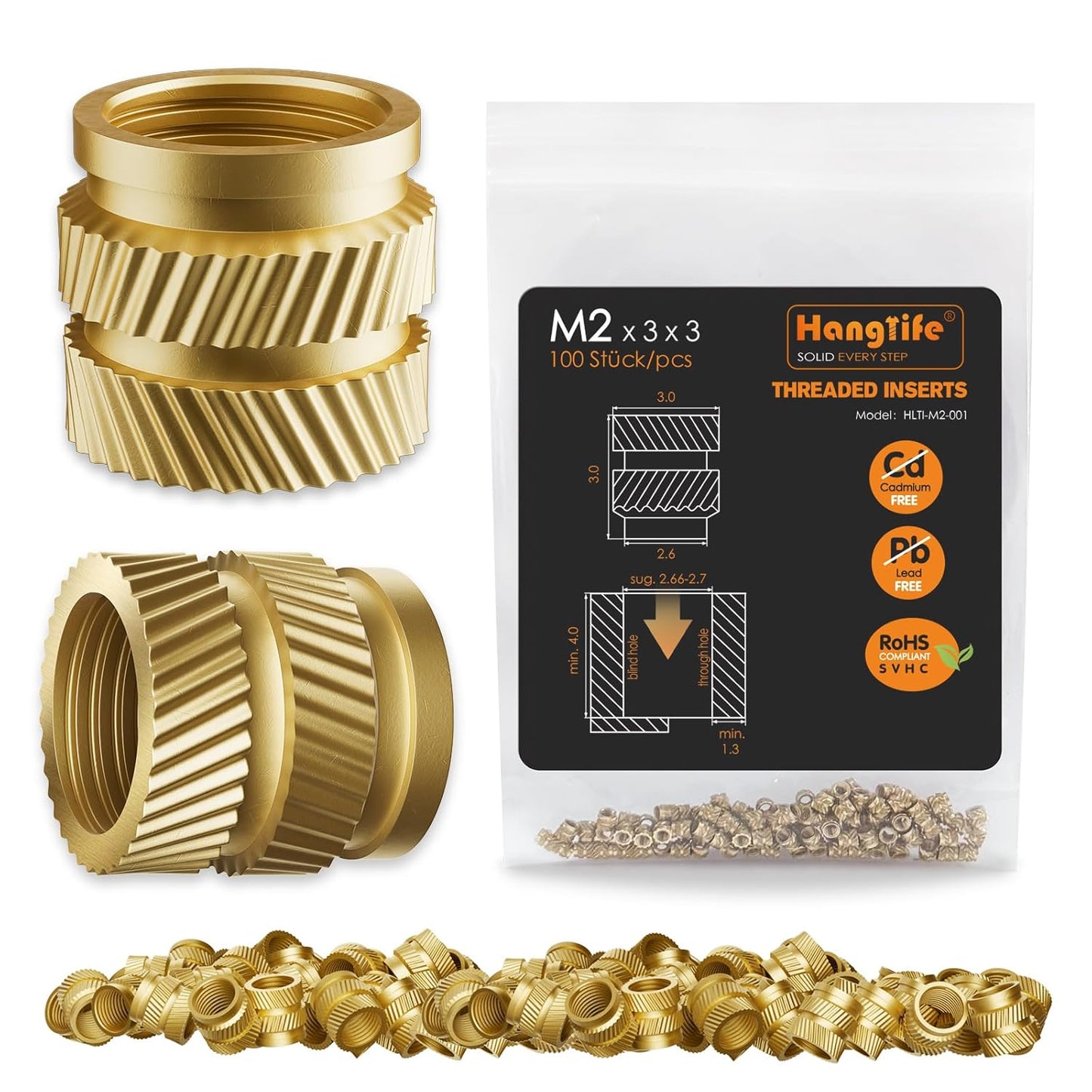 HANGLIFE Heat-Set Threaded Inserts, M3 Heat Set Insert for 3D Printing Components and Plastic Parts - Brass Metric Knurled Nuts (100 Pieces)