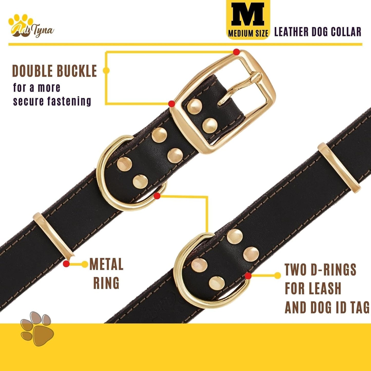 ADITYNA Heavy-Duty Leather Dog Collar for Medium Dogs - Soft and Strong, 100% Genuine Leather - Collier Pour Chien (Medium: Fit 13" - 20" Neck, Brown)