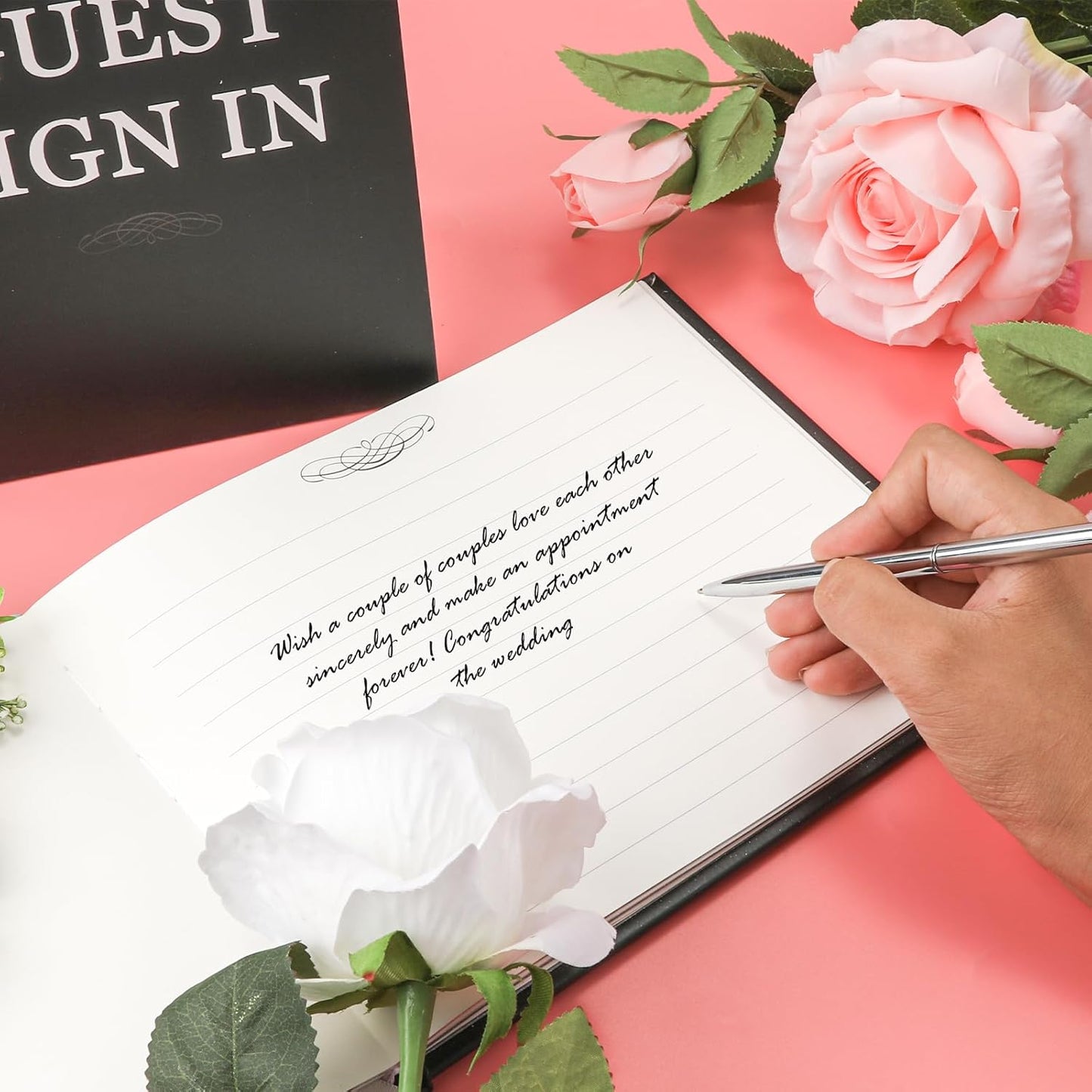 3pcs Wedding Guest Book Set, Romantic Wedding Guest Signature Book with Hard Cover Cherished Modern Script Wedding Book Blank Pages for Wedding Reception Special Events (Black)