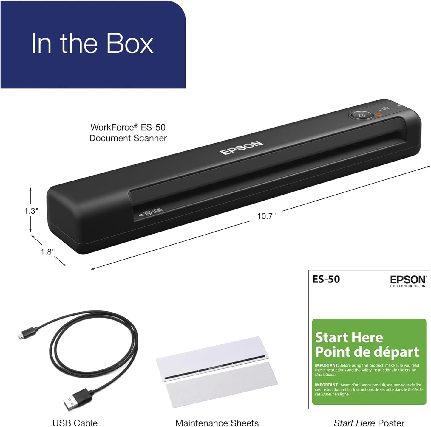 Epson WorkForce ES-50 Portable Sheet-fed Document Scanner for PC and Mac, Black