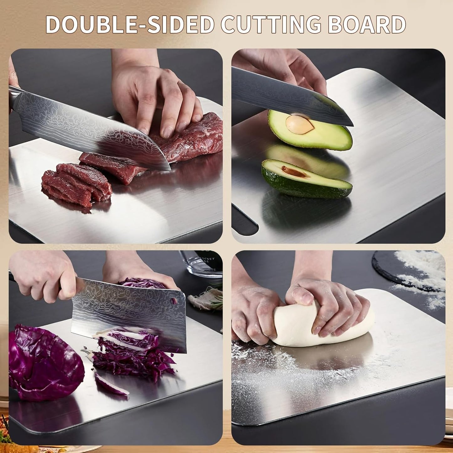 Set of Three Double-Sided Cutting Boards,304 Stainless Steel Cutting Board,Stainless Steel Cutting Board for Vegetables, Meat and Fruit