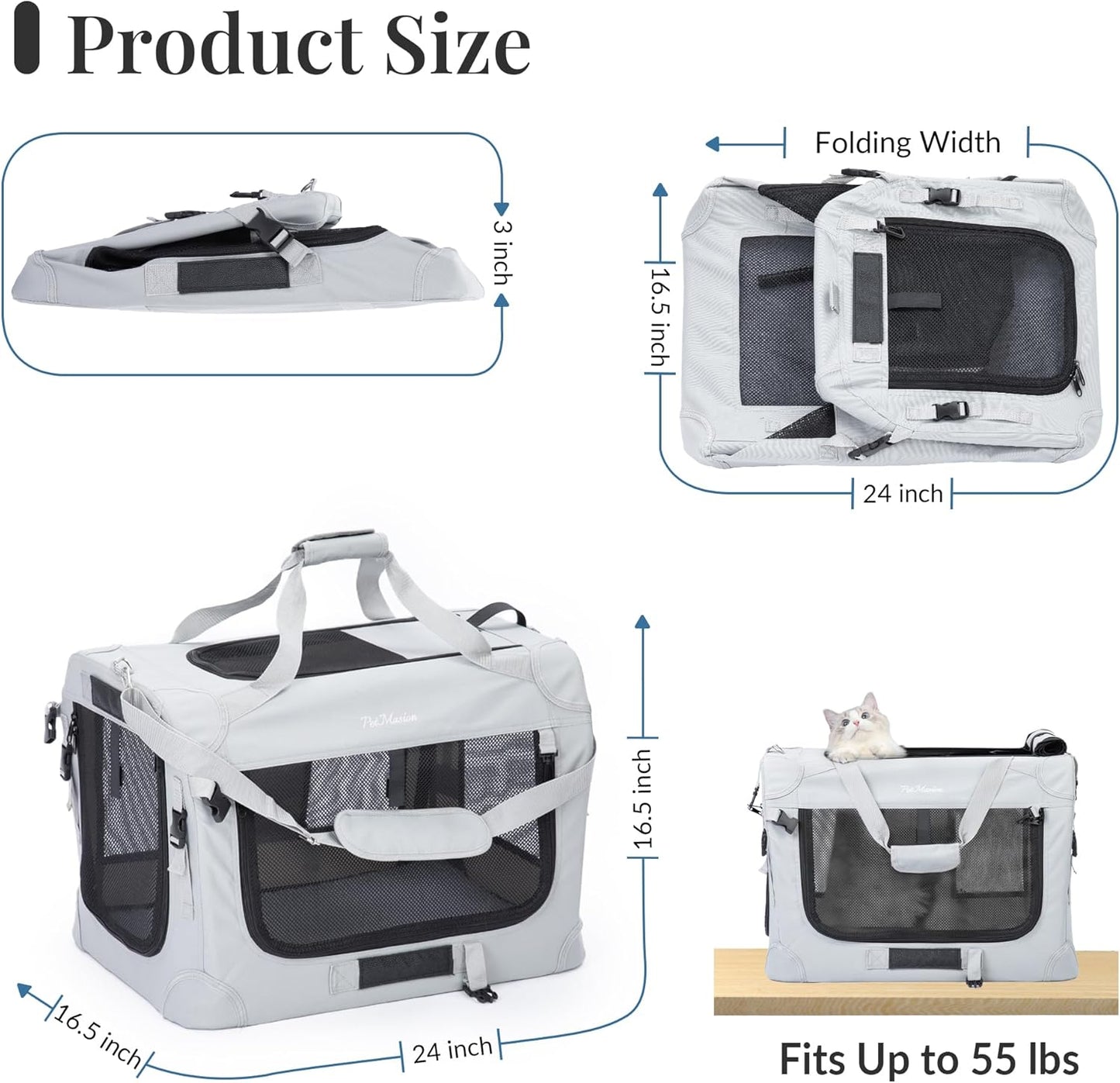 PetMasion Extra Large Cat Carrier for 2 Cats, Collapsible Soft Sided Pet XL Crate for Large Mudium Big Cat 20lbs+, Car Travel Portable Bag for Long Trips Ride 24"x16.5"x16.5"