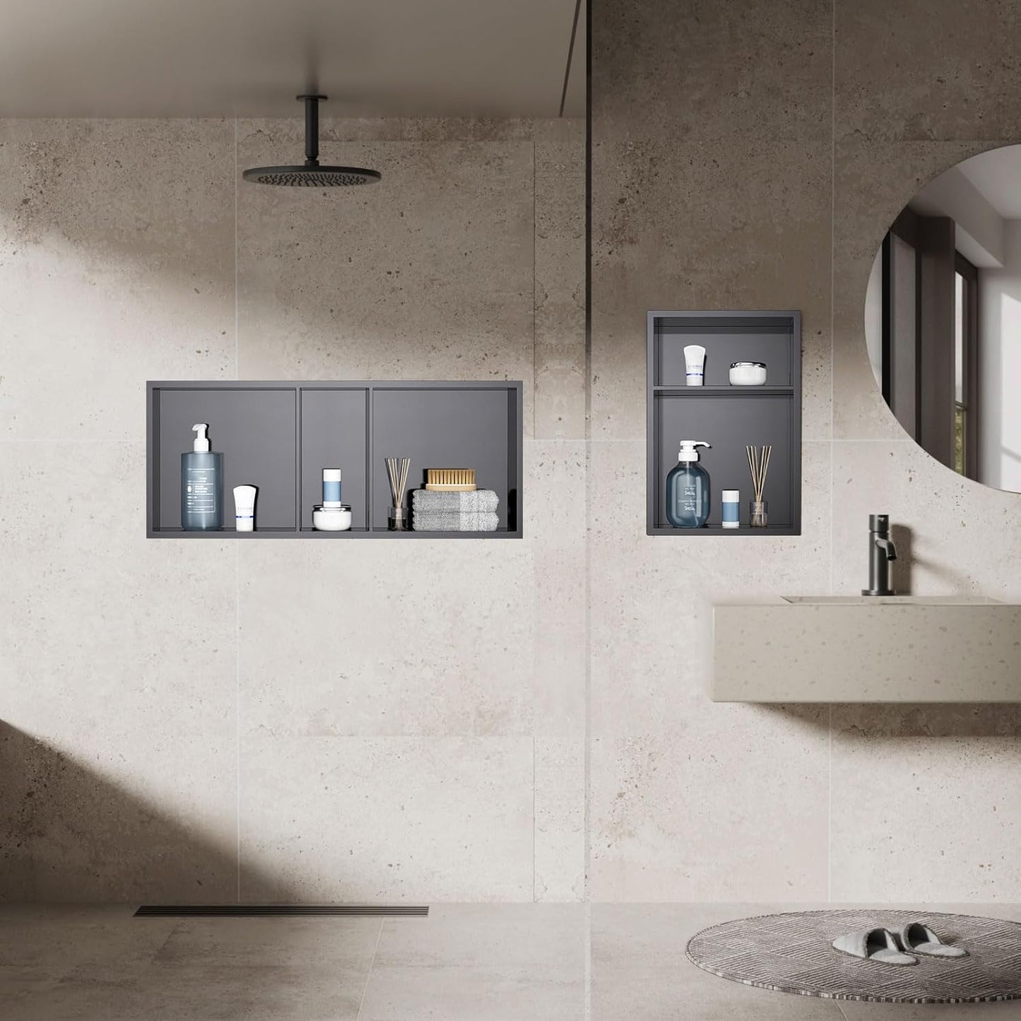MENATT No Tile Shower Niche, Stainless Steel Wall Niche 13"X19"(Inner Size 12"X18"), Two-Tier Bathroom Shelf, NO Tile Needed Recessed Niche Shower for Bathroom Storage, Black