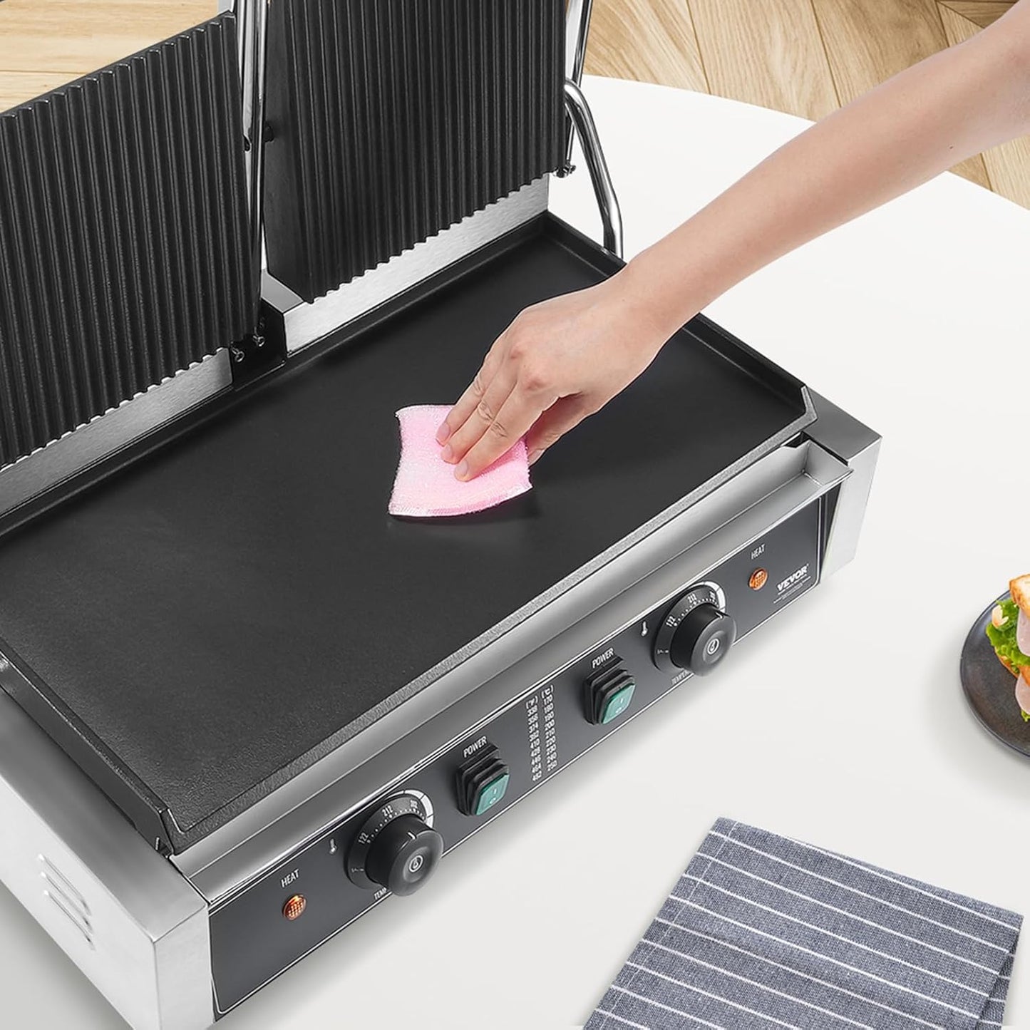 VEVOR 7 IN 1 Electric Contact Grill,1800W Indoor Panini Press Griddle,Stainless Steel Teppanyaki Grill with Nonstick&Removable Iron Plate, 0-446℉ Adjustable Temp Control,LCD Display,110V