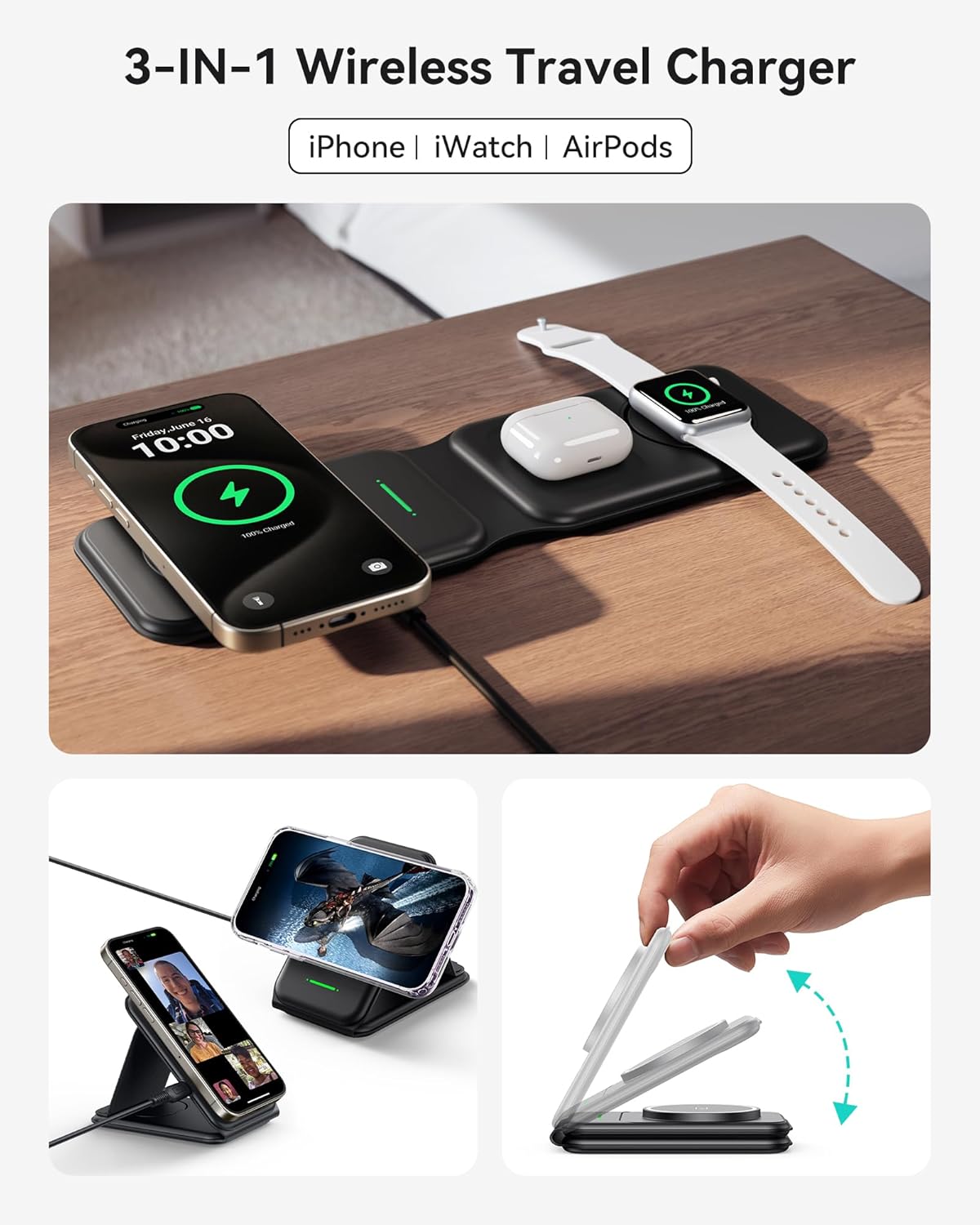 INIU 3 in 1 Wireless Charging Station, Qi2 Certified 15W Travel Charger for Apple Multiple Devices, Foldable Charger Stand for iPhone 16 15 14 13 12 Series Apple Watch AirPods (with Adapter)